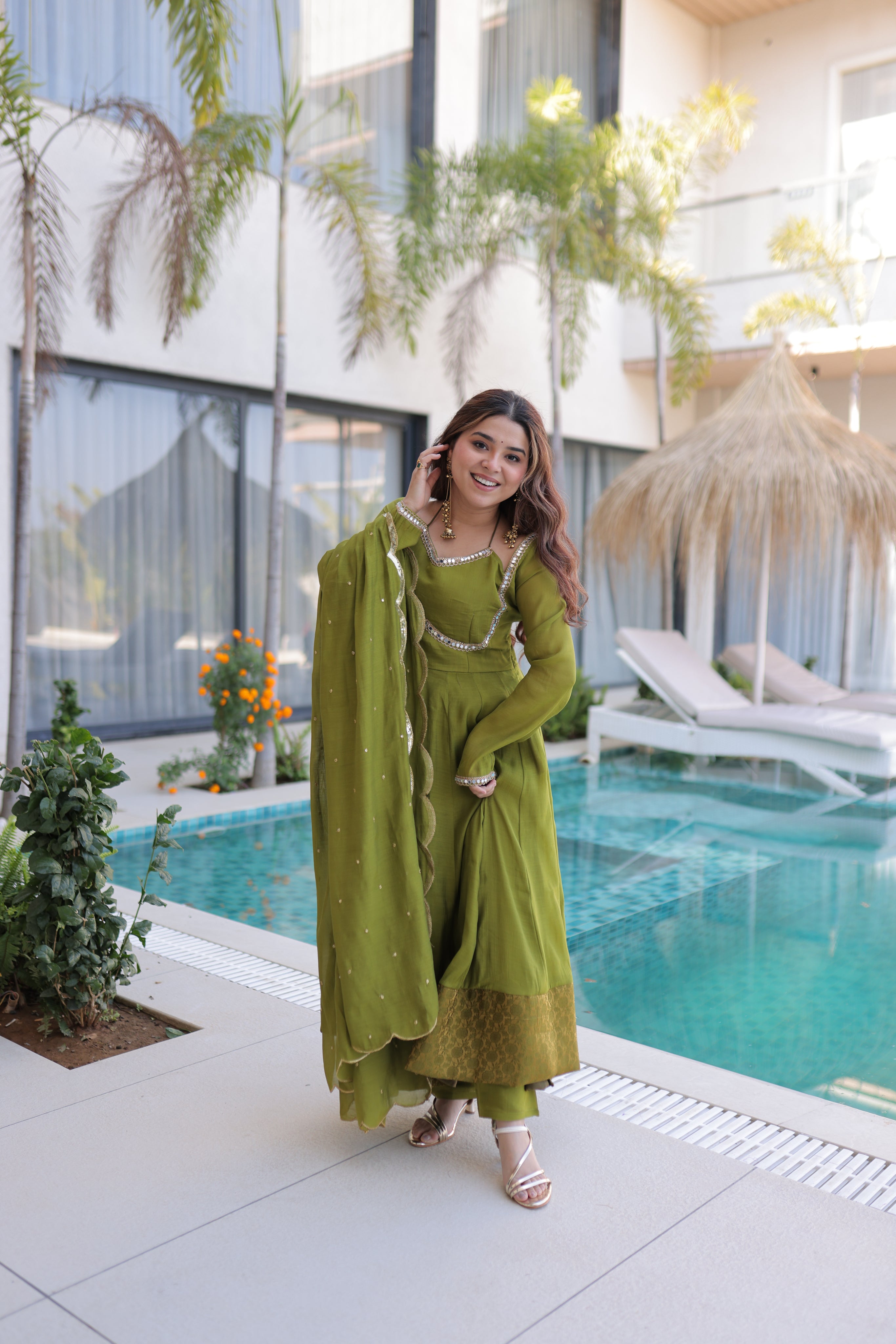Medha green chanderi mirror work anarkali suit set