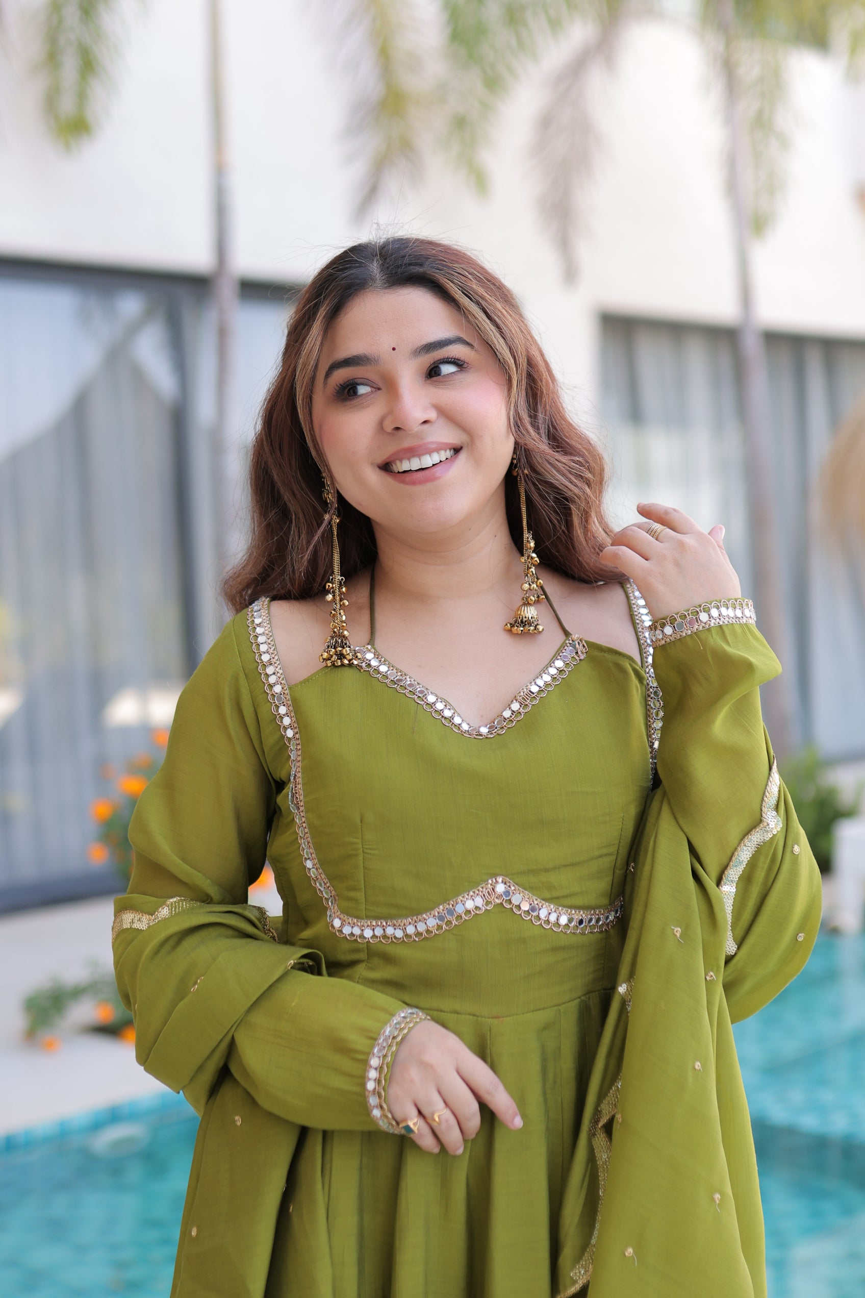Medha green chanderi mirror work anarkali suit set