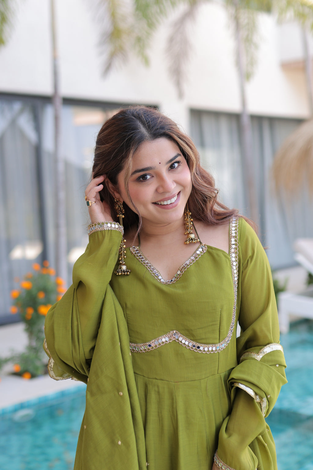 Medha green chanderi mirror work anarkali suit set
