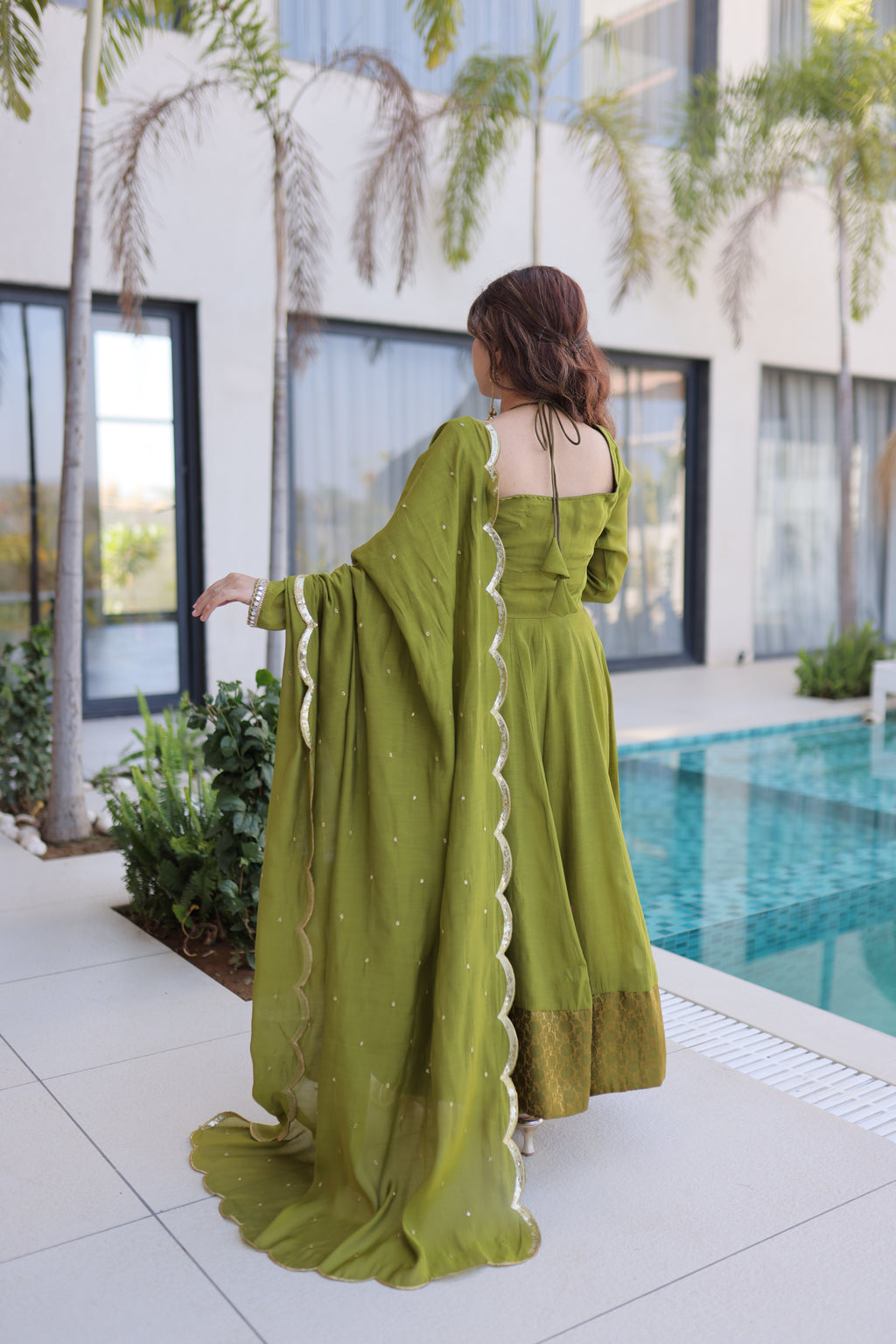 Medha green chanderi mirror work anarkali suit set