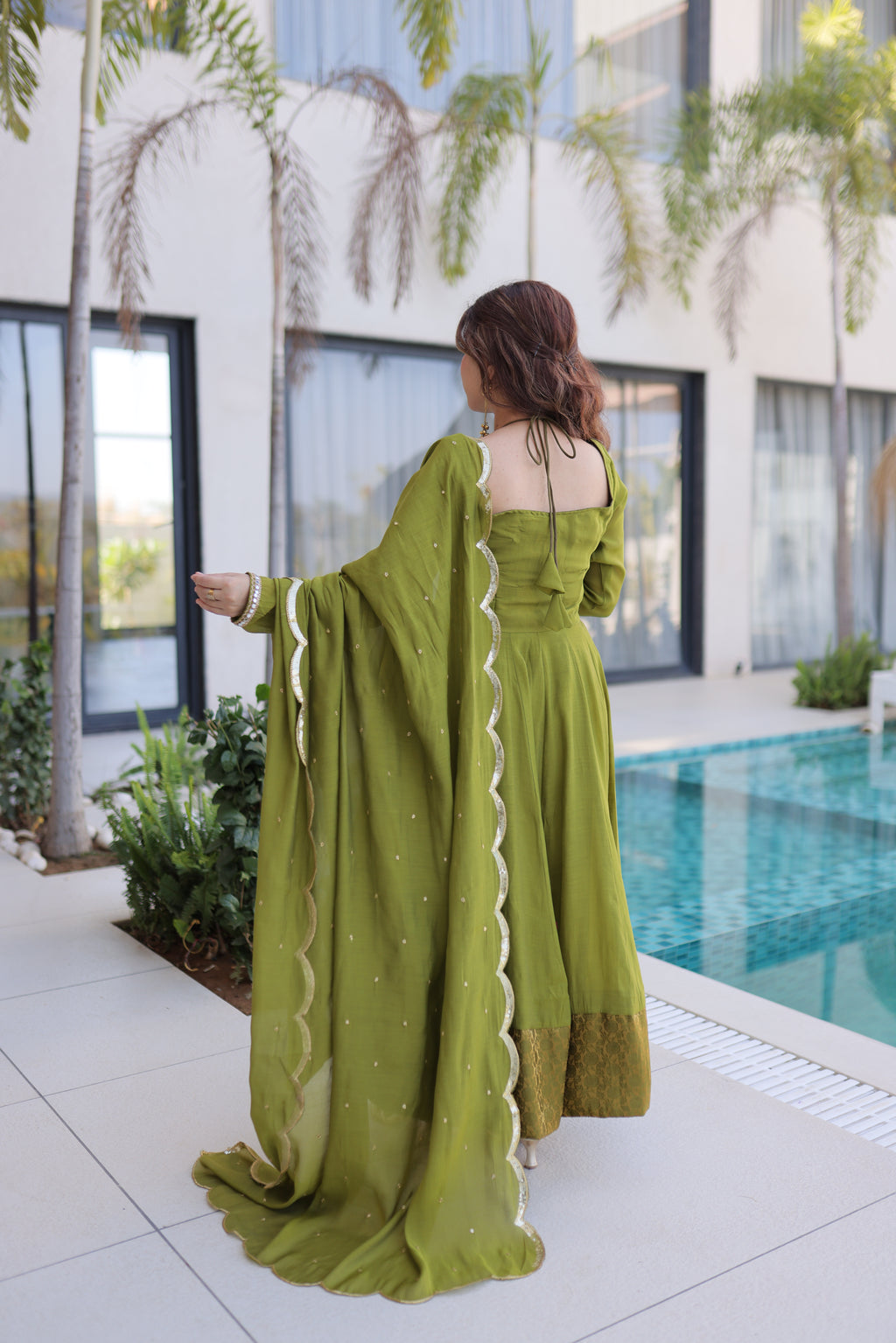 Medha green chanderi mirror work anarkali suit set