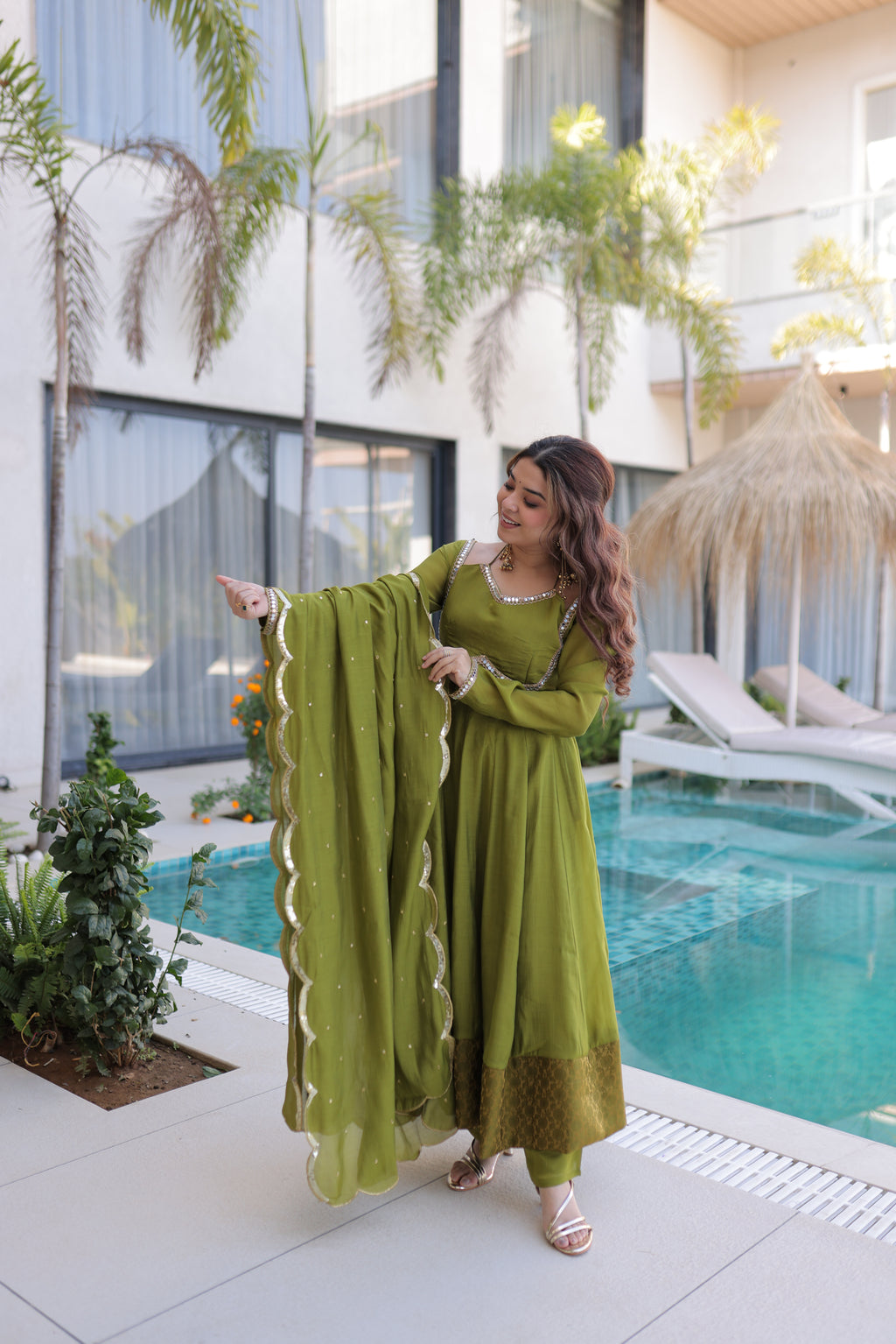 Medha green chanderi mirror work anarkali suit set