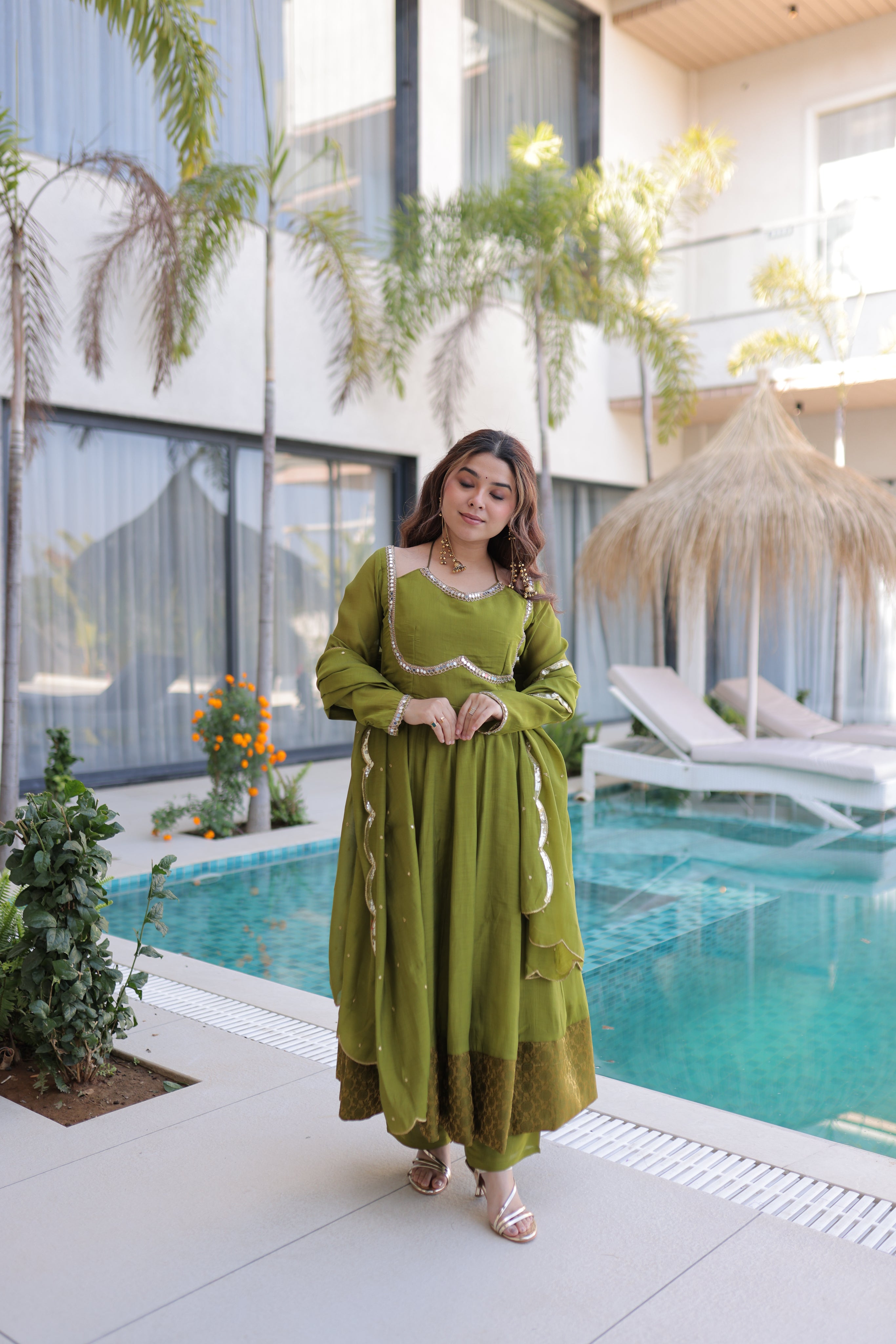 Medha green chanderi mirror work anarkali suit set