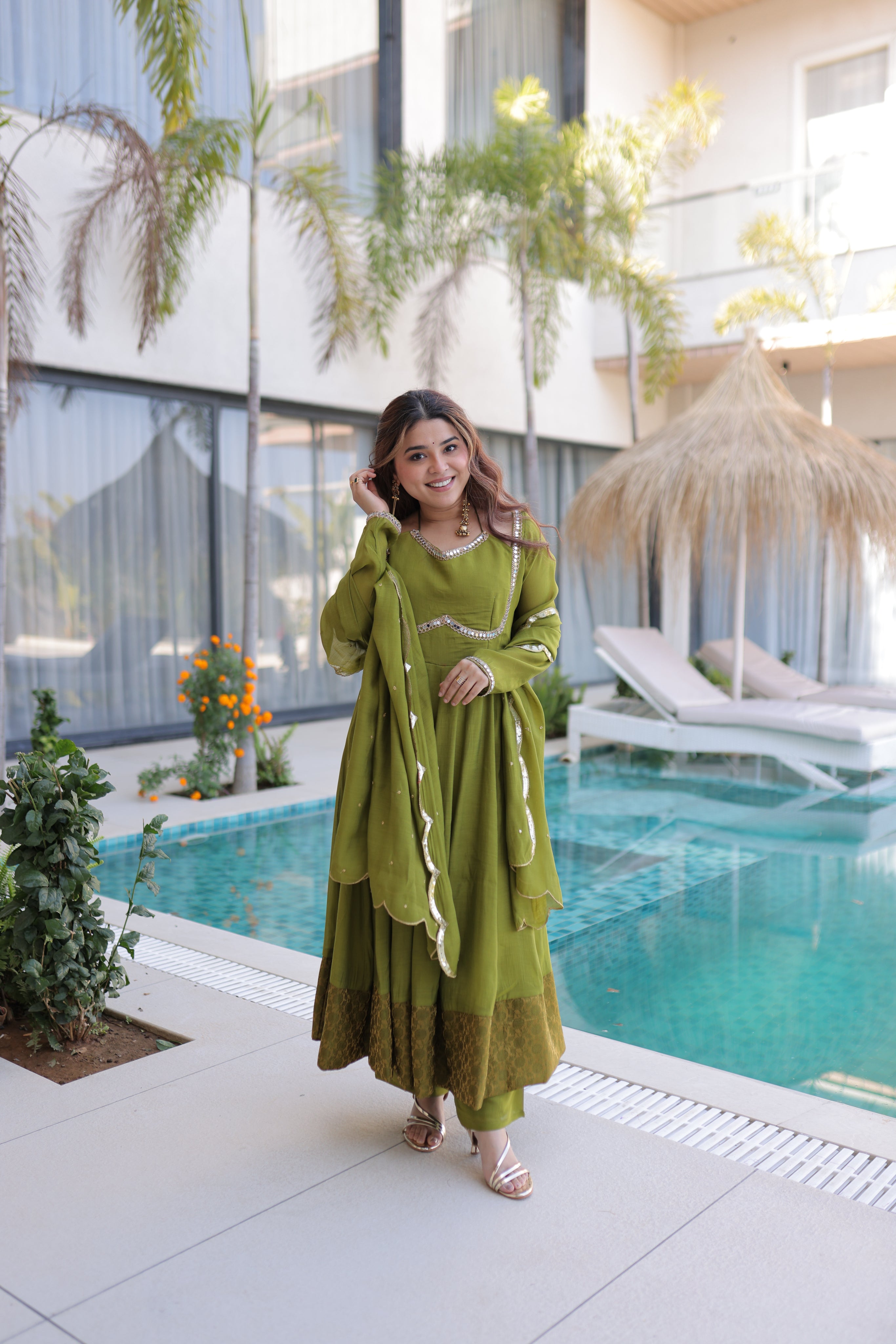 Medha green chanderi mirror work anarkali suit set