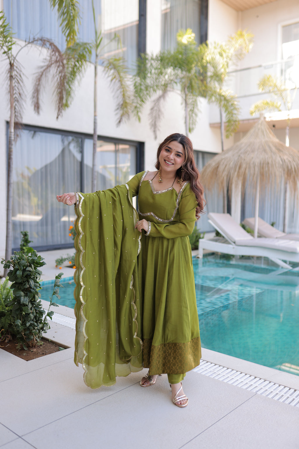 Medha green chanderi mirror work anarkali suit set