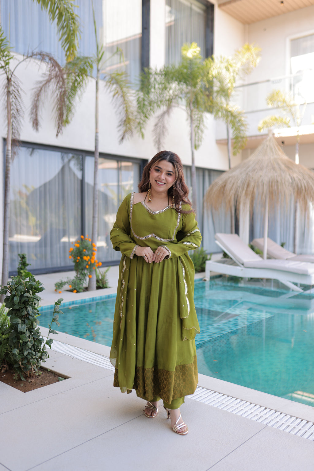 Medha green chanderi mirror work anarkali suit set