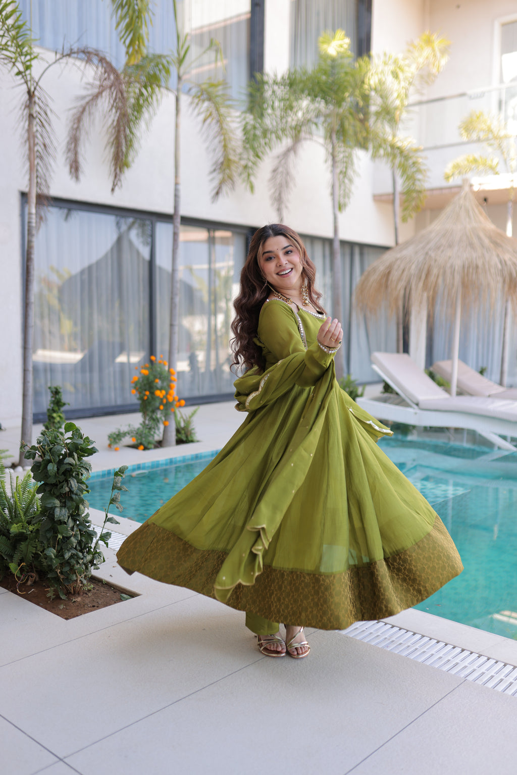 Medha green chanderi mirror work anarkali suit set