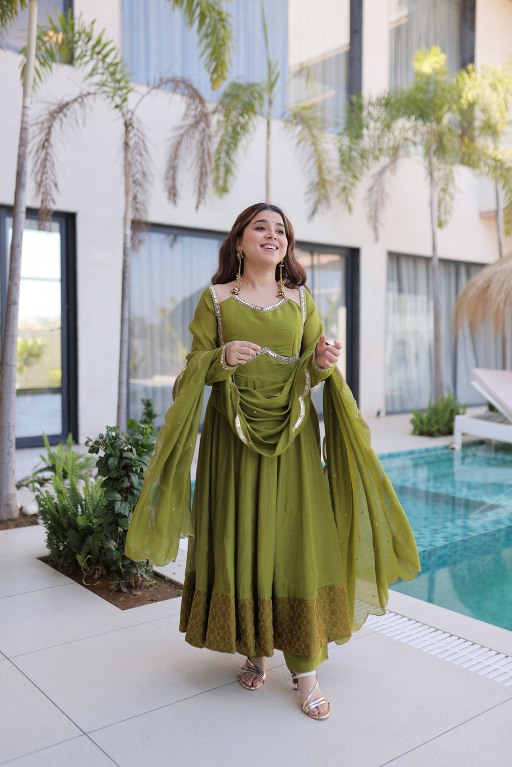 Medha green chanderi mirror work anarkali suit set