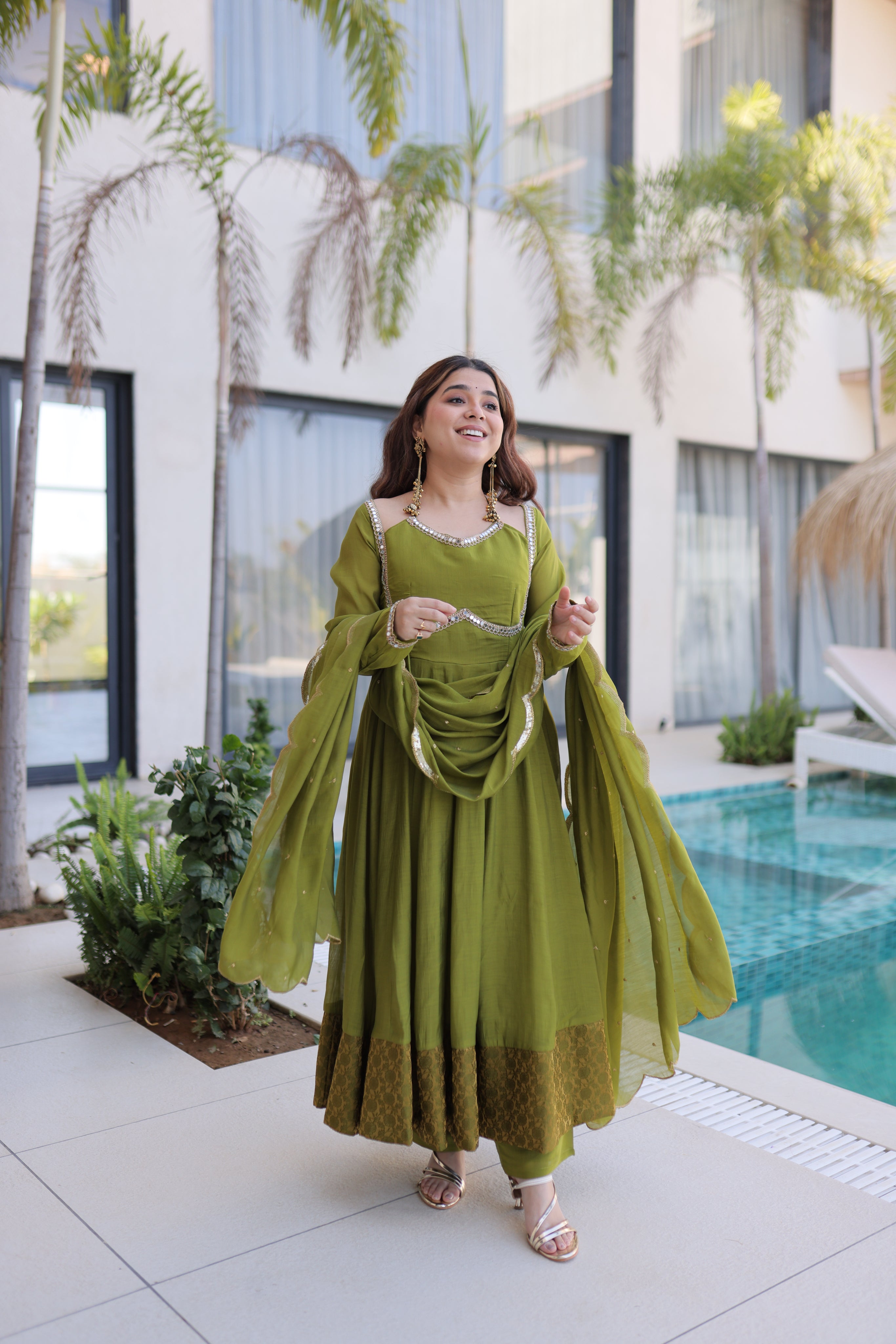 Medha green chanderi mirror work anarkali suit set