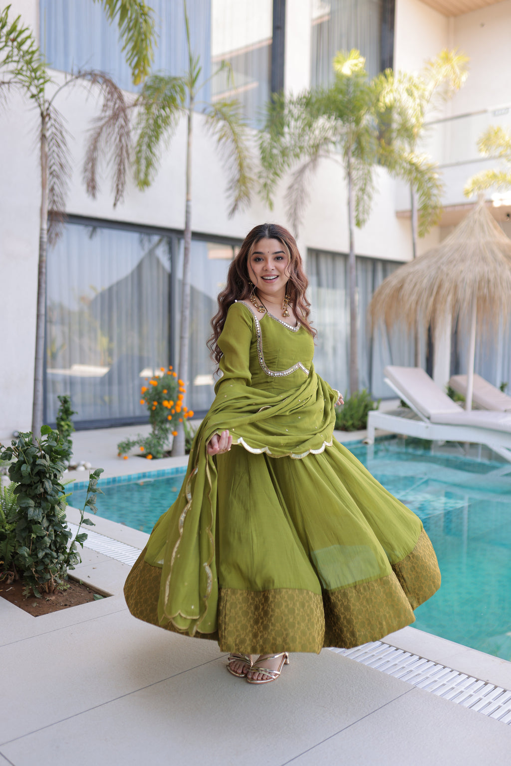Medha green chanderi mirror work anarkali suit set