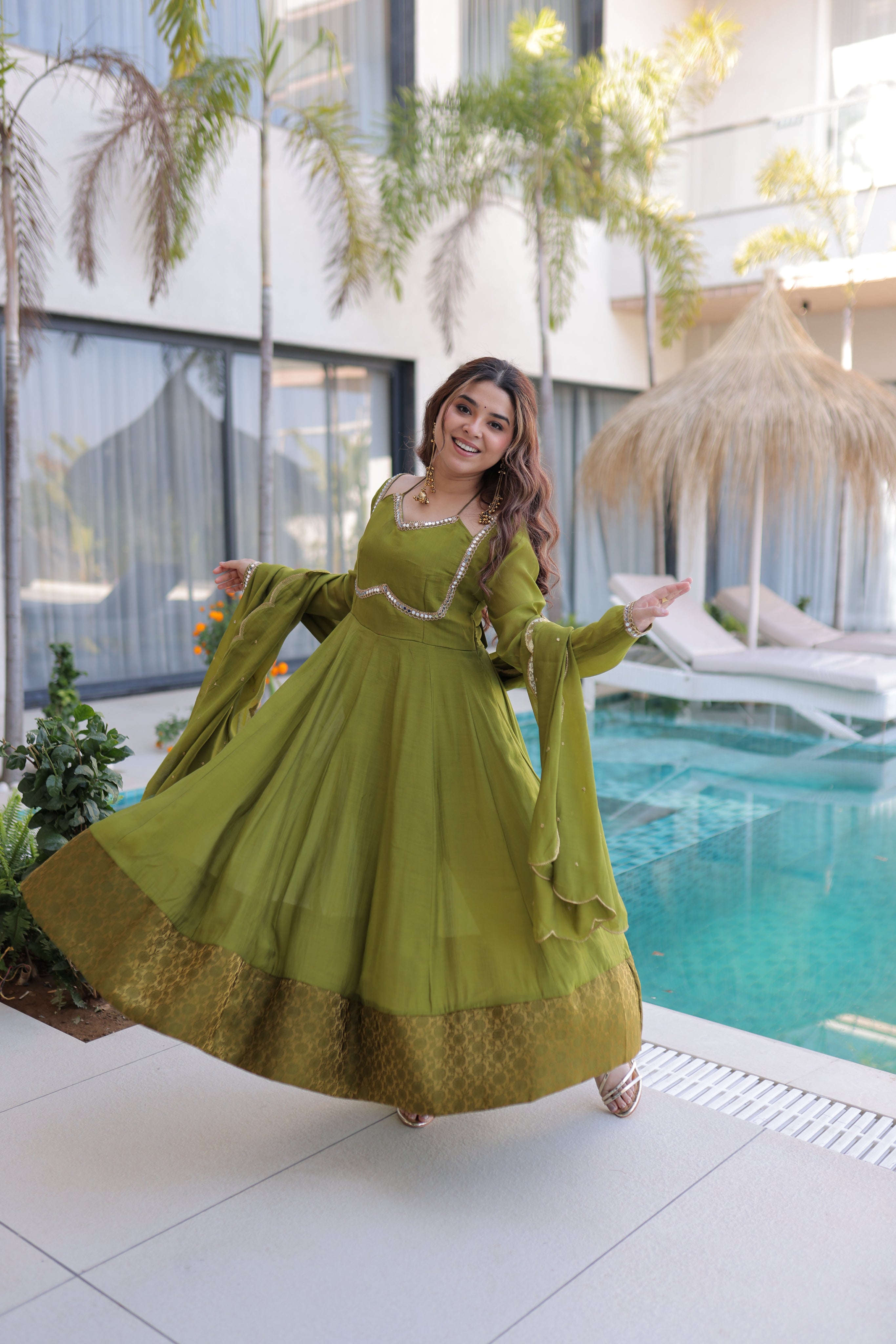 Medha green chanderi mirror work anarkali suit set