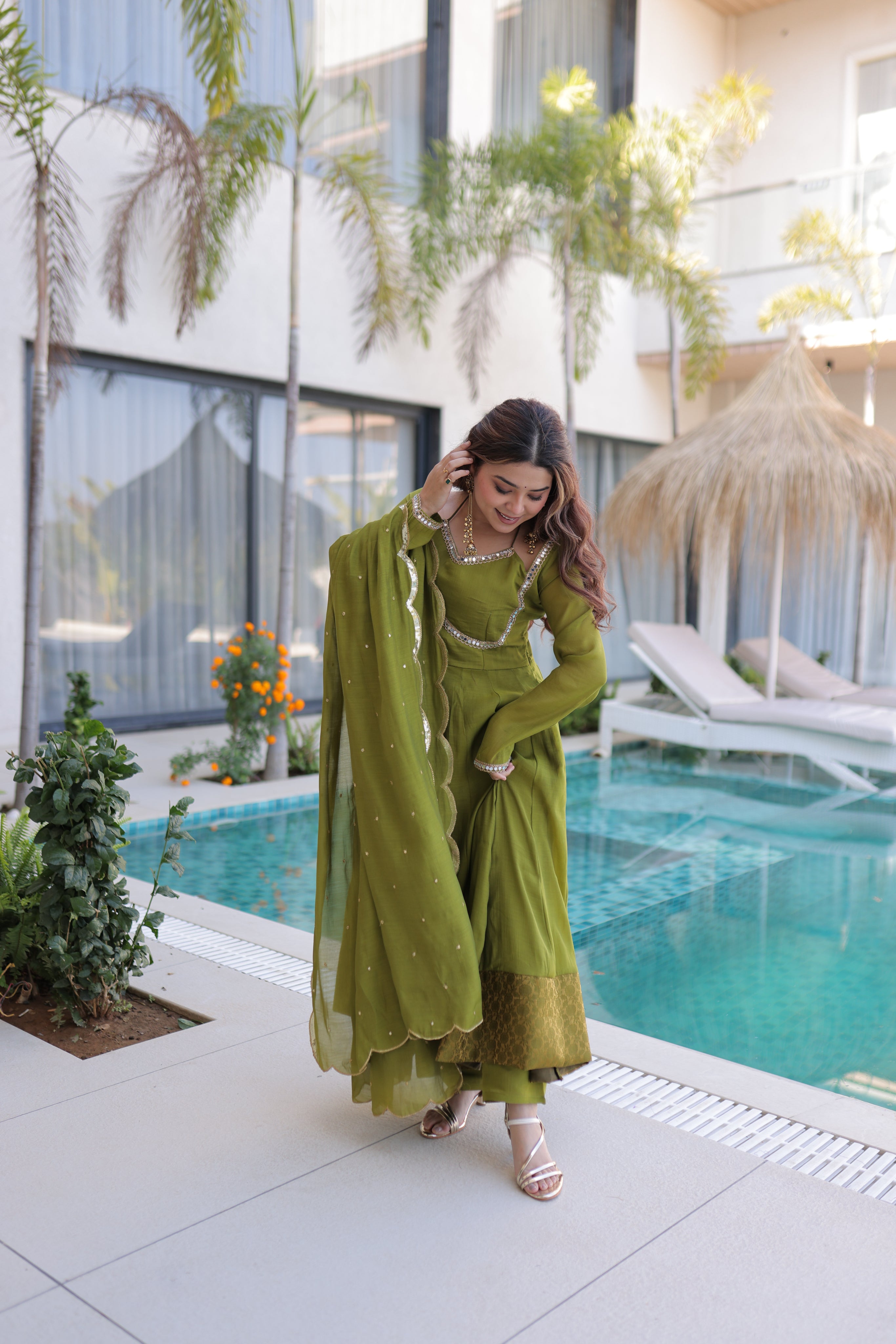 Medha green chanderi mirror work anarkali suit set