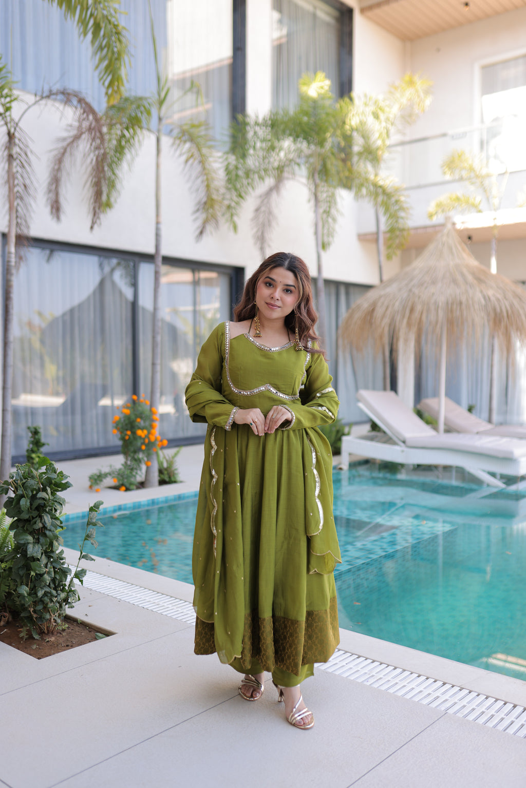 Medha green chanderi mirror work anarkali suit set