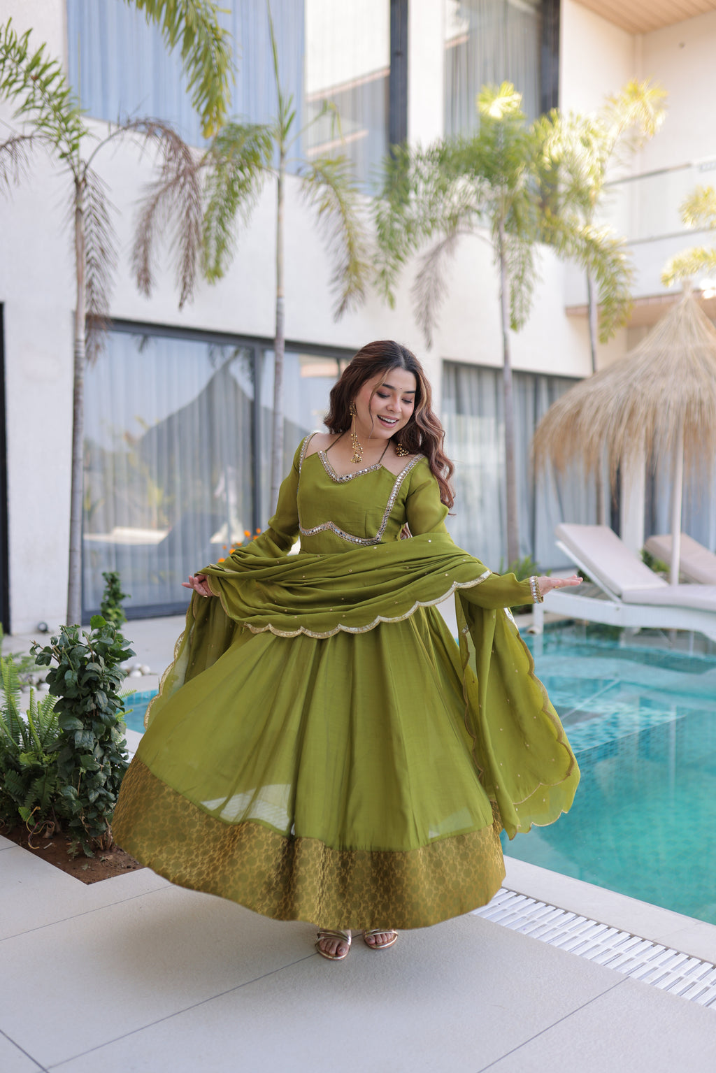 Medha green chanderi mirror work anarkali suit set