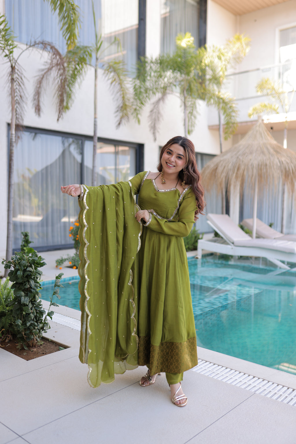 Medha green chanderi mirror work anarkali suit set
