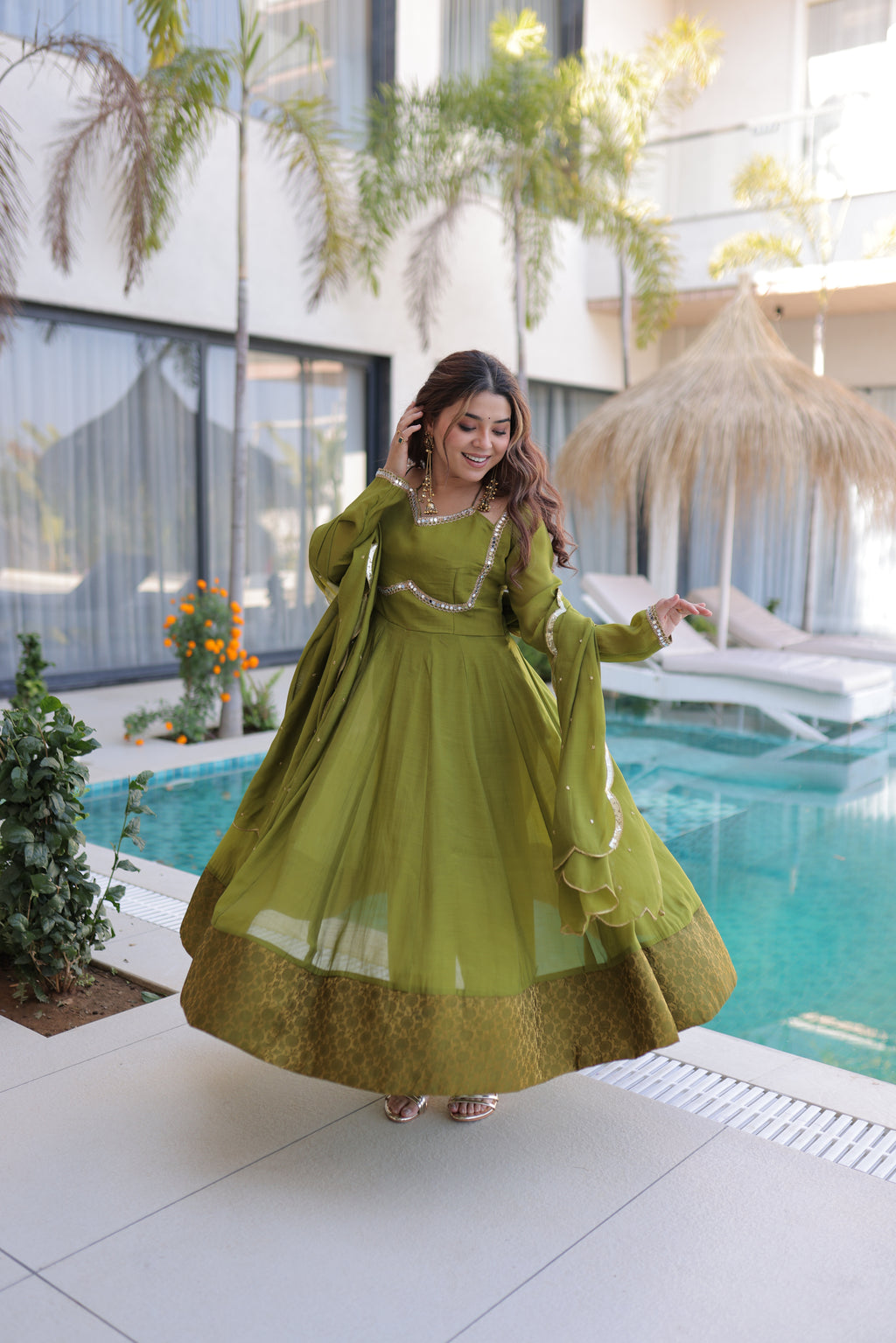 Medha green chanderi mirror work anarkali suit set
