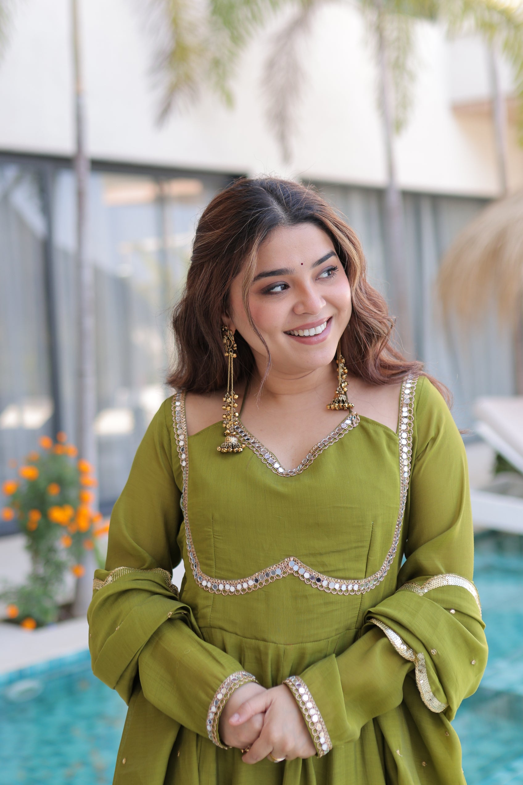 Medha green chanderi mirror work anarkali suit set