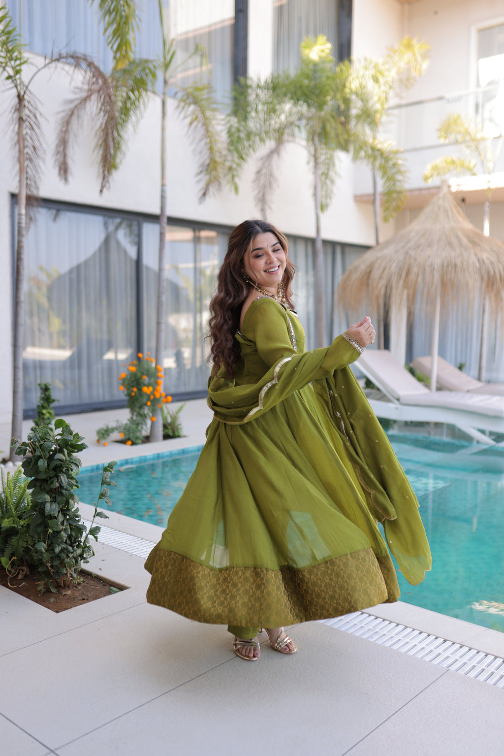 Medha green chanderi mirror work anarkali suit set