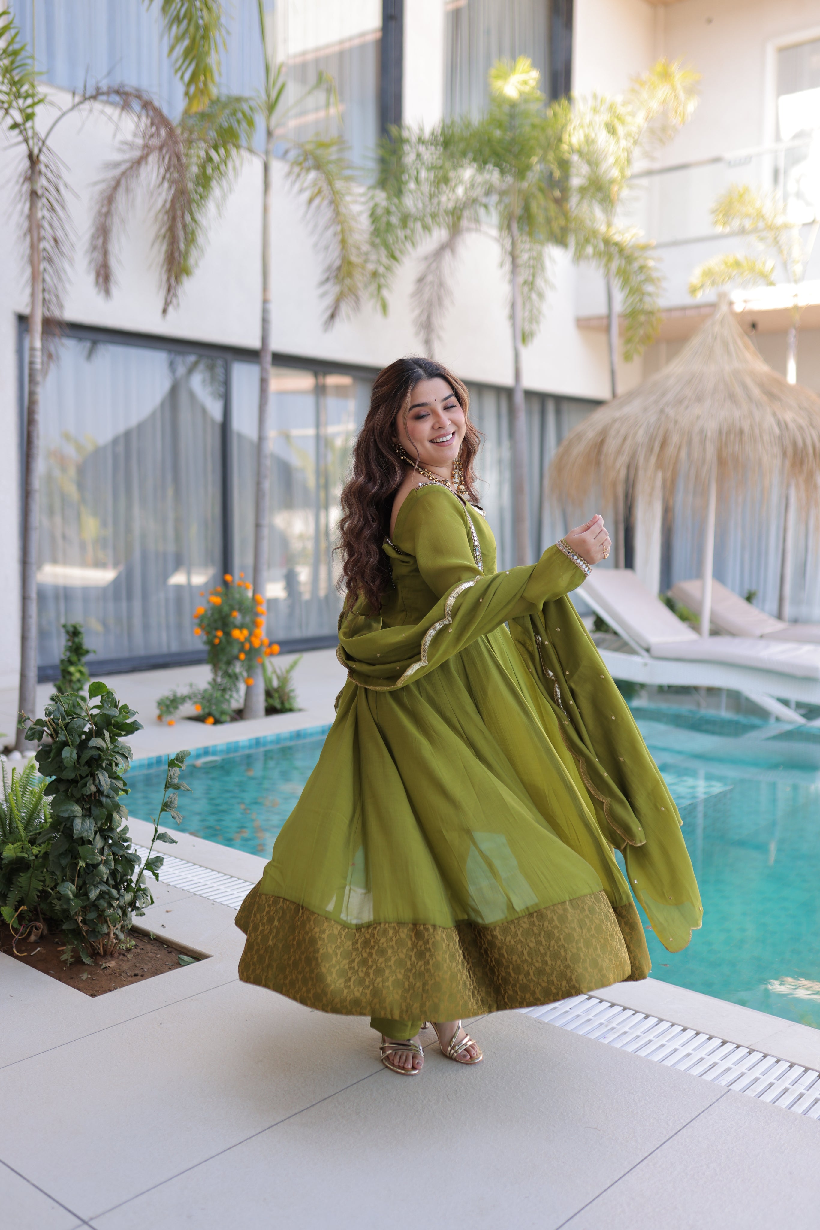 Medha green chanderi mirror work anarkali suit set