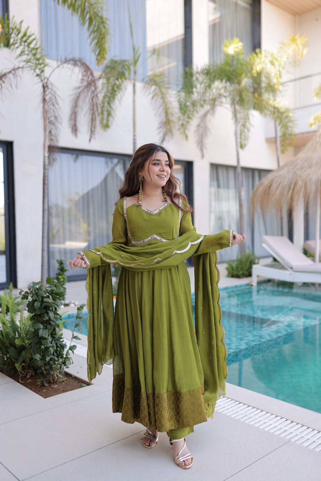 Medha green chanderi mirror work anarkali suit set