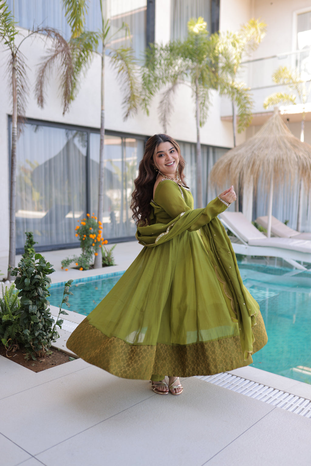 Medha green chanderi mirror work anarkali suit set