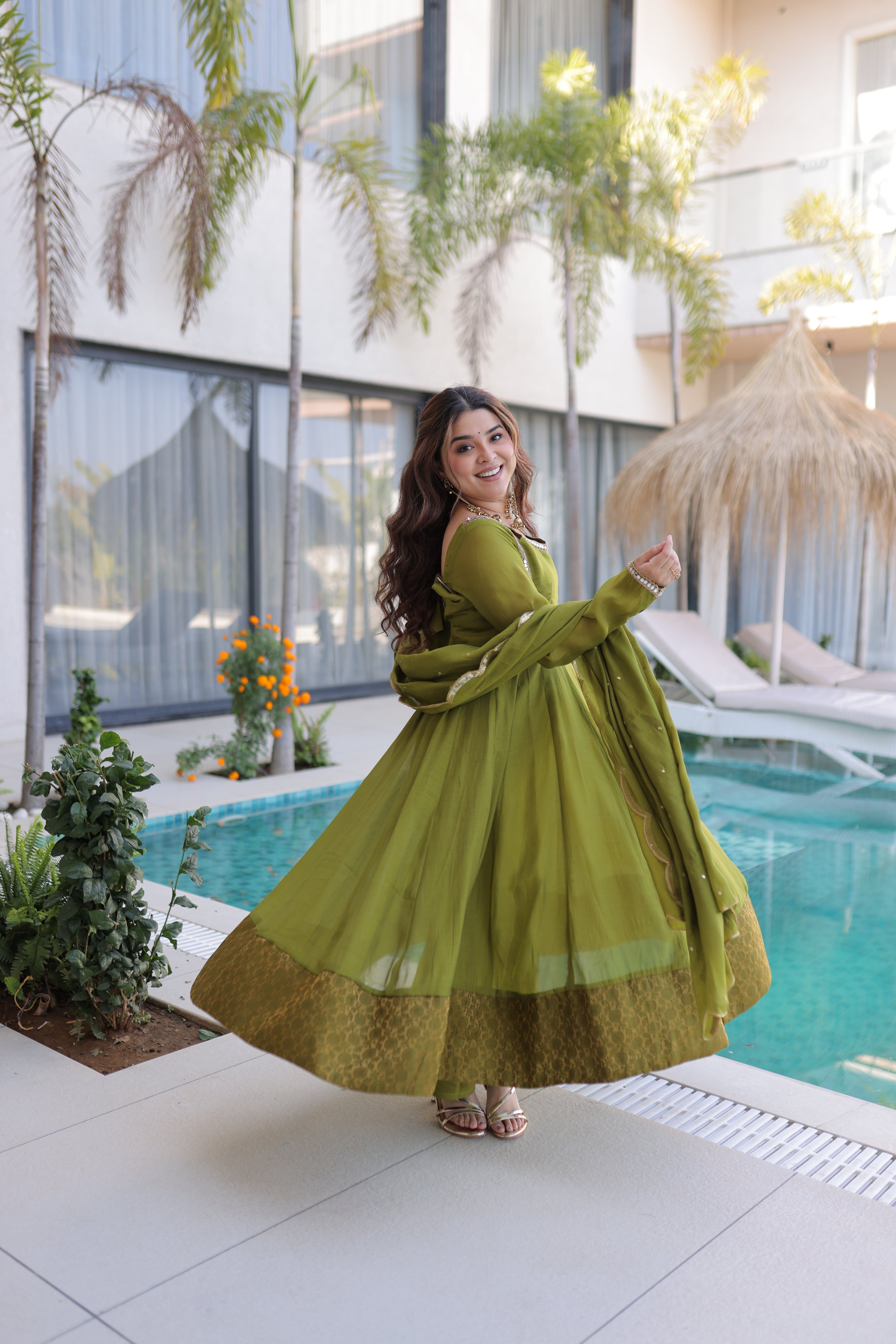 Medha green chanderi mirror work anarkali suit set