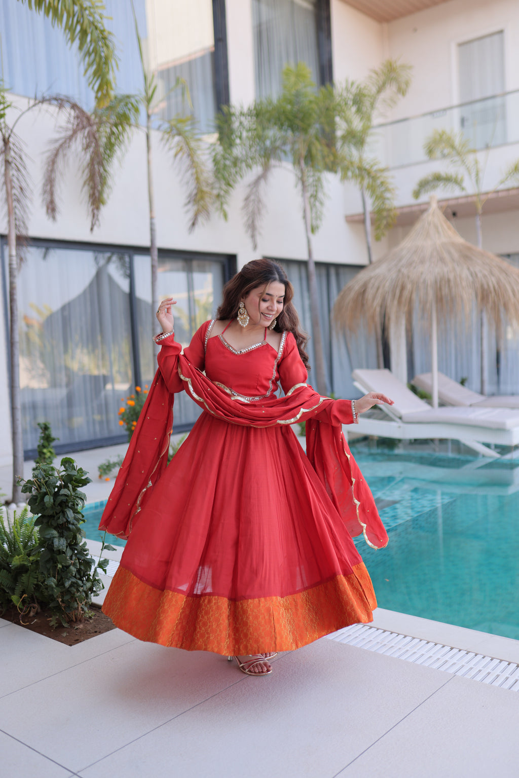 Medha rust red chanderi mirror work anarkali suit set
