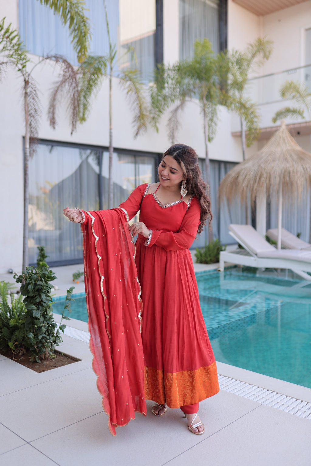 Medha rust red chanderi mirror work anarkali suit set