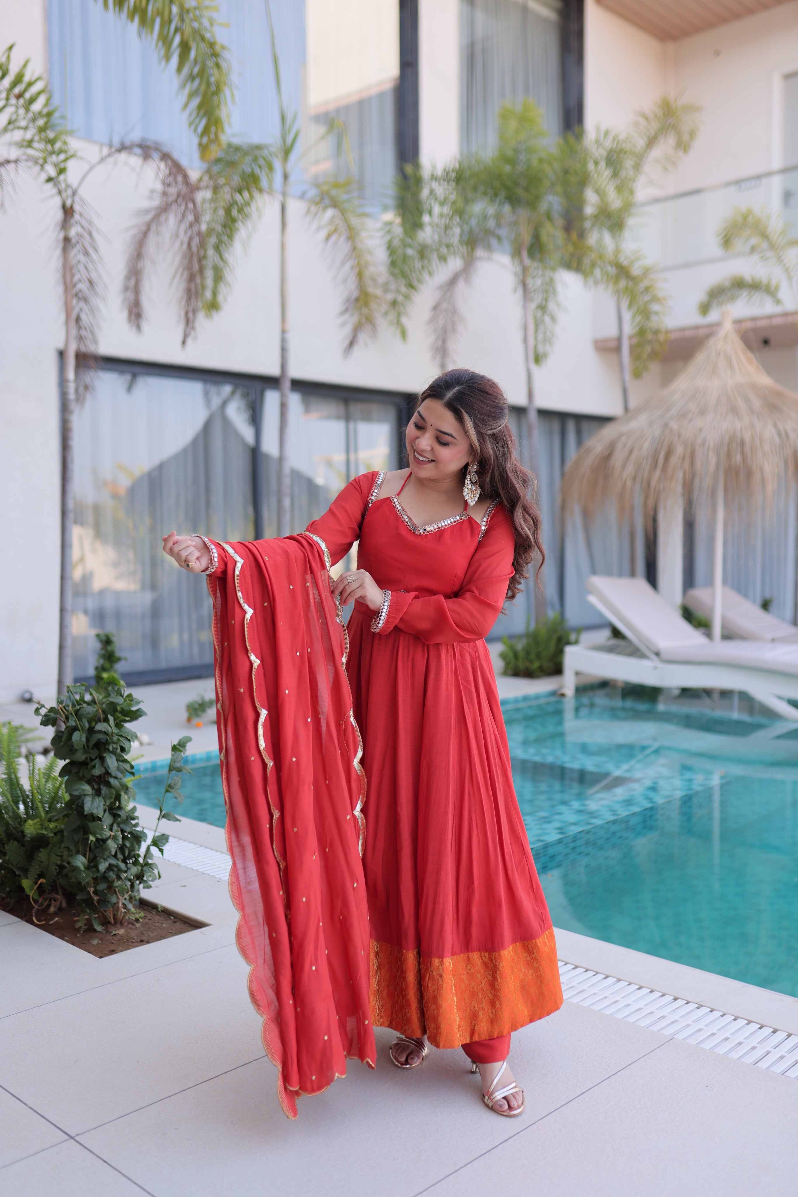 Medha rust red chanderi mirror work anarkali suit set