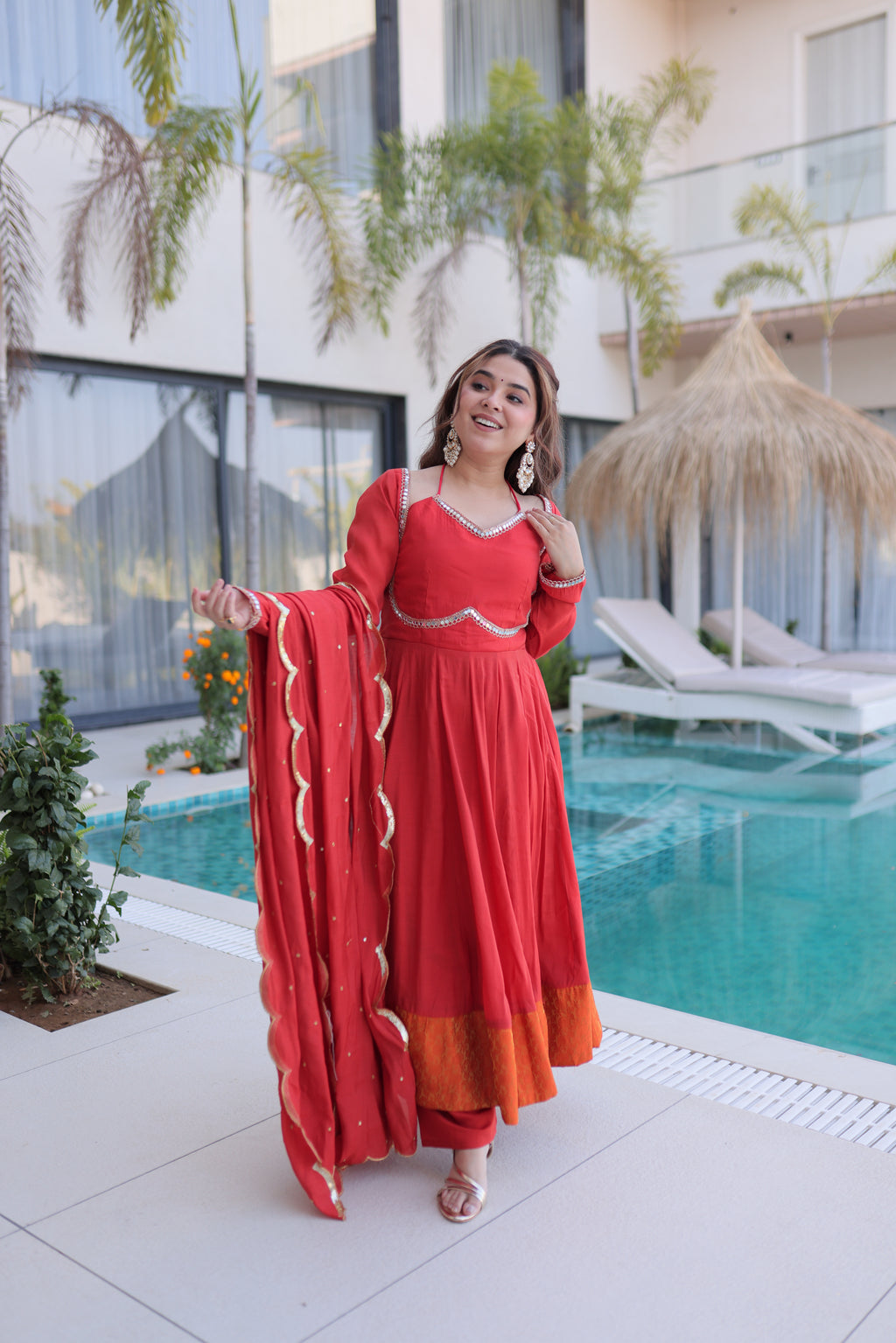Medha rust red chanderi mirror work anarkali suit set