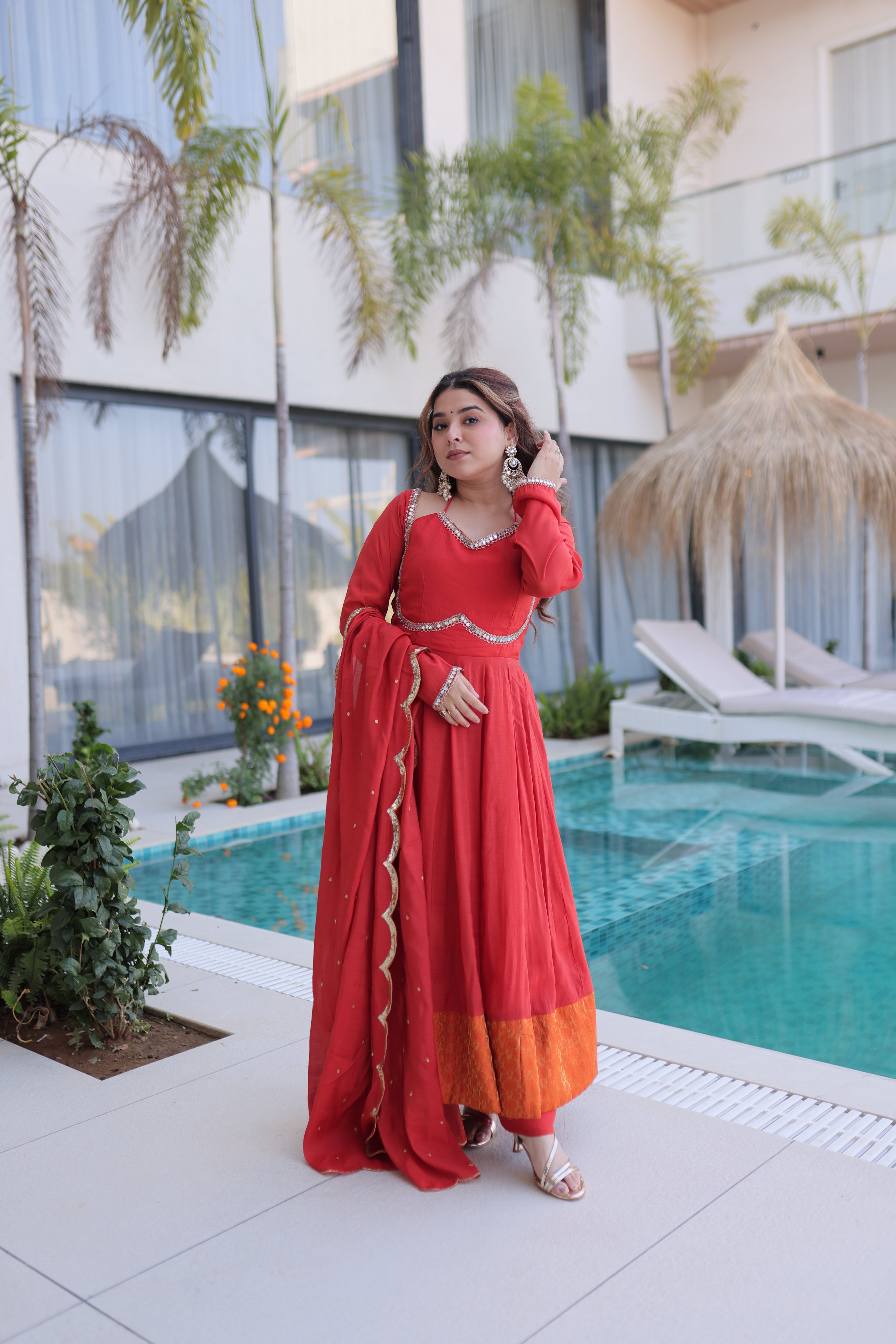 Medha rust red chanderi mirror work anarkali suit set