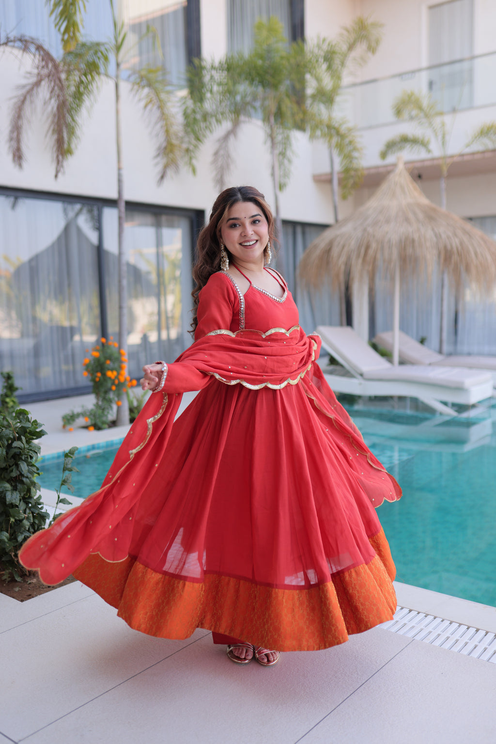 Medha rust red chanderi mirror work anarkali suit set
