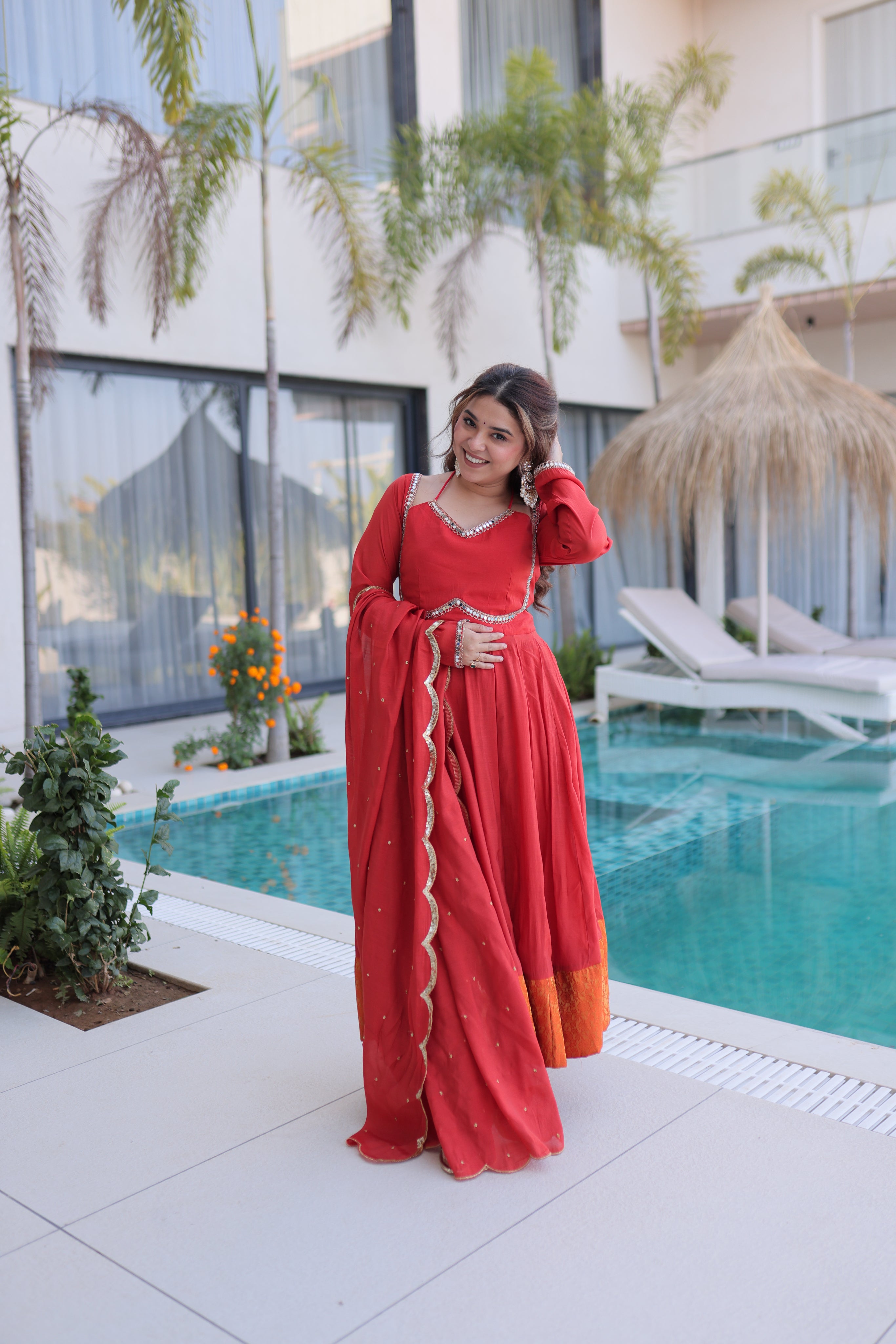 Medha rust red chanderi mirror work anarkali suit set
