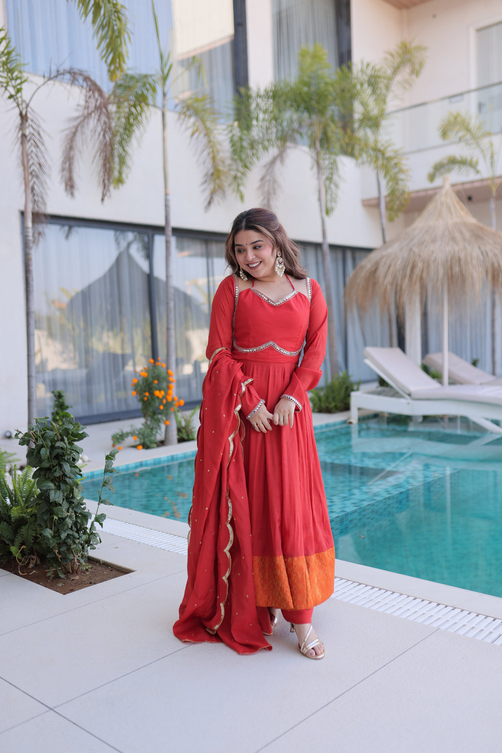 Medha rust red chanderi mirror work anarkali suit set