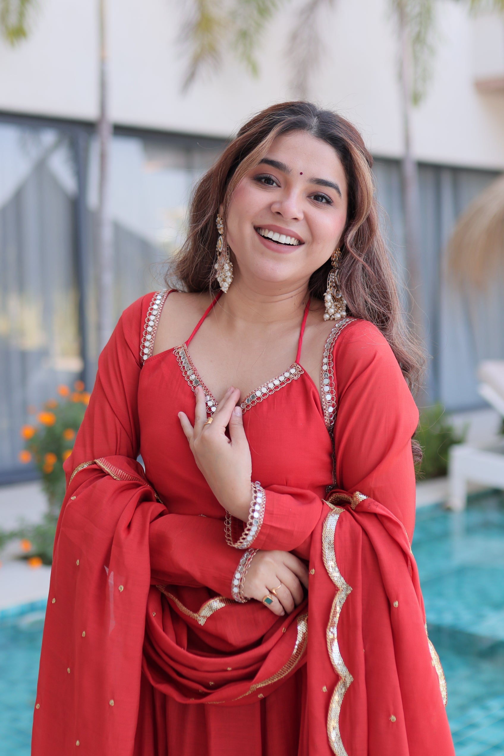 Medha rust red chanderi mirror work anarkali suit set