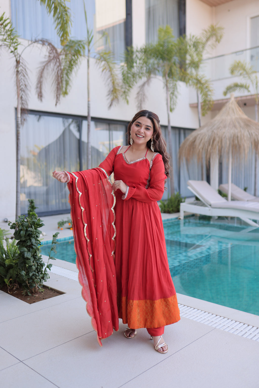 Medha rust red chanderi mirror work anarkali suit set