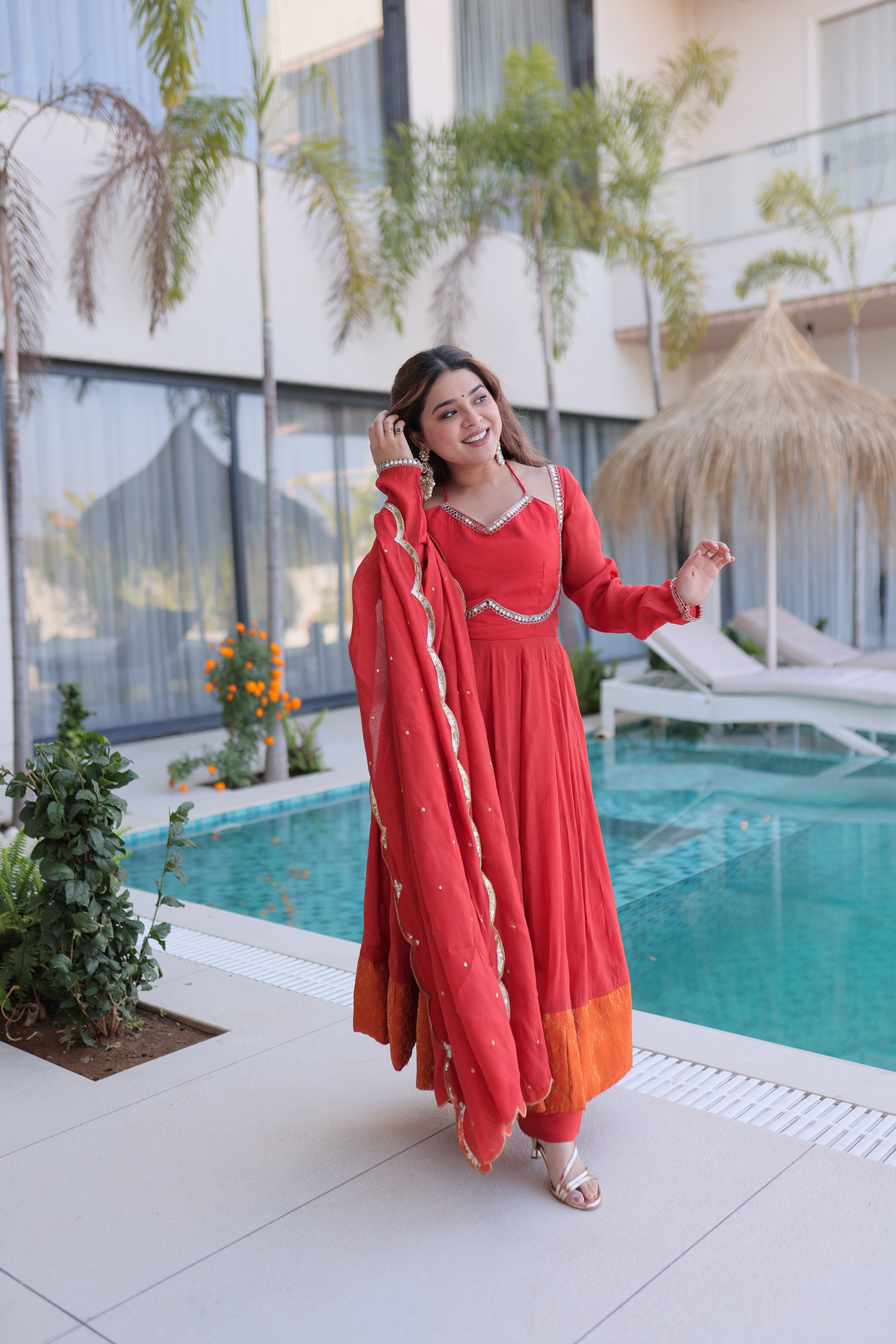 Medha rust red chanderi mirror work anarkali suit set