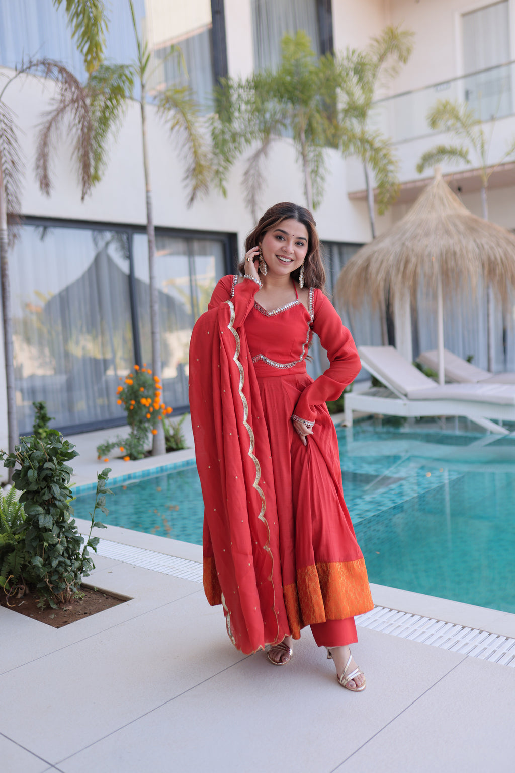 Medha rust red chanderi mirror work anarkali suit set