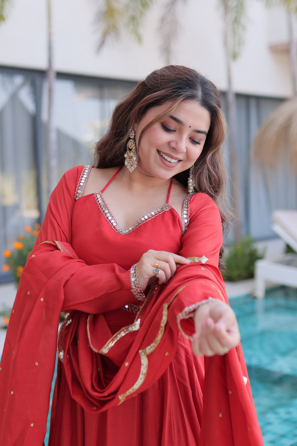 Medha rust red chanderi mirror work anarkali suit set