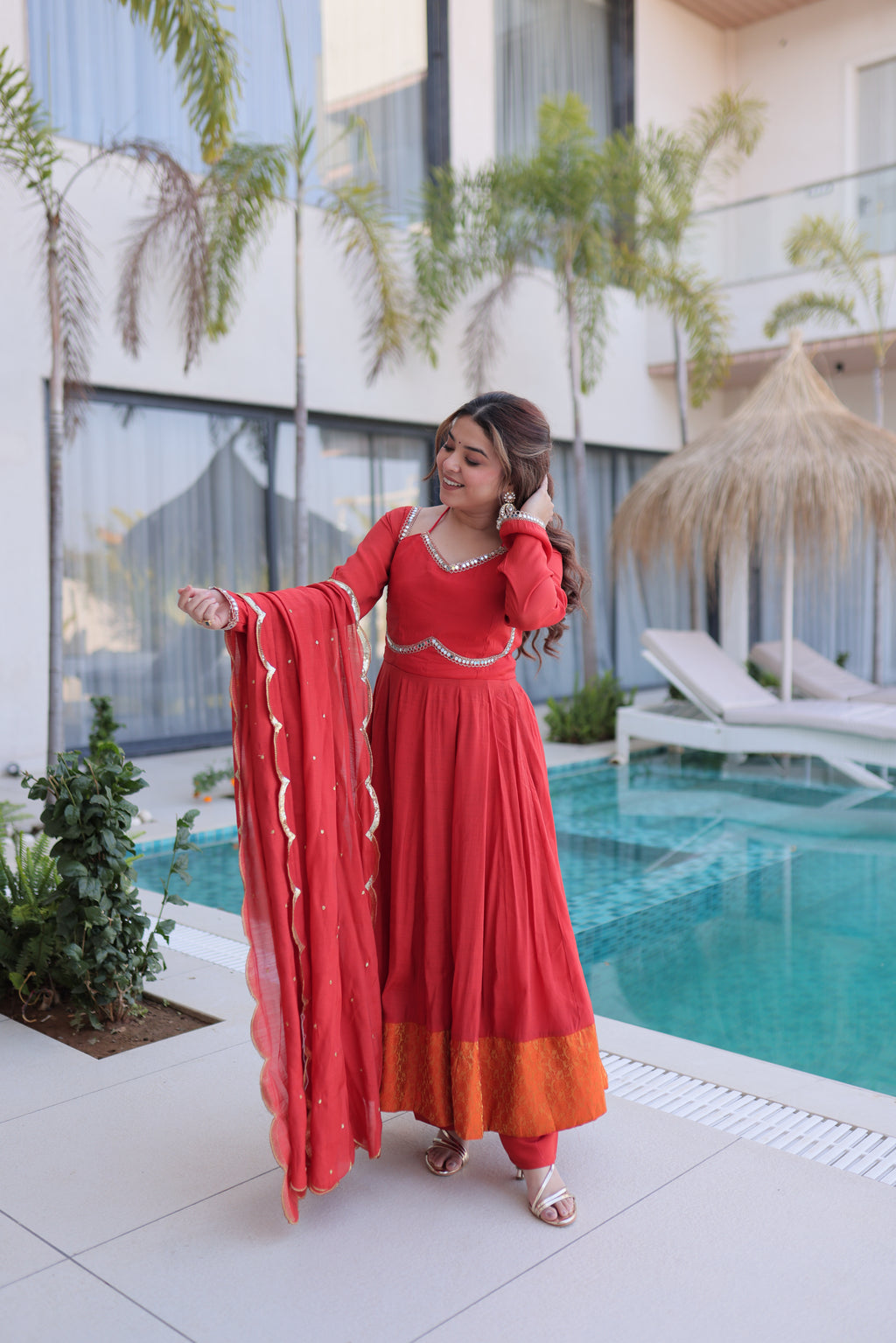 Medha rust red chanderi mirror work anarkali suit set