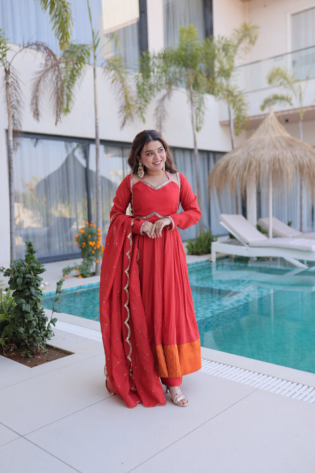 Medha rust red chanderi mirror work anarkali suit set