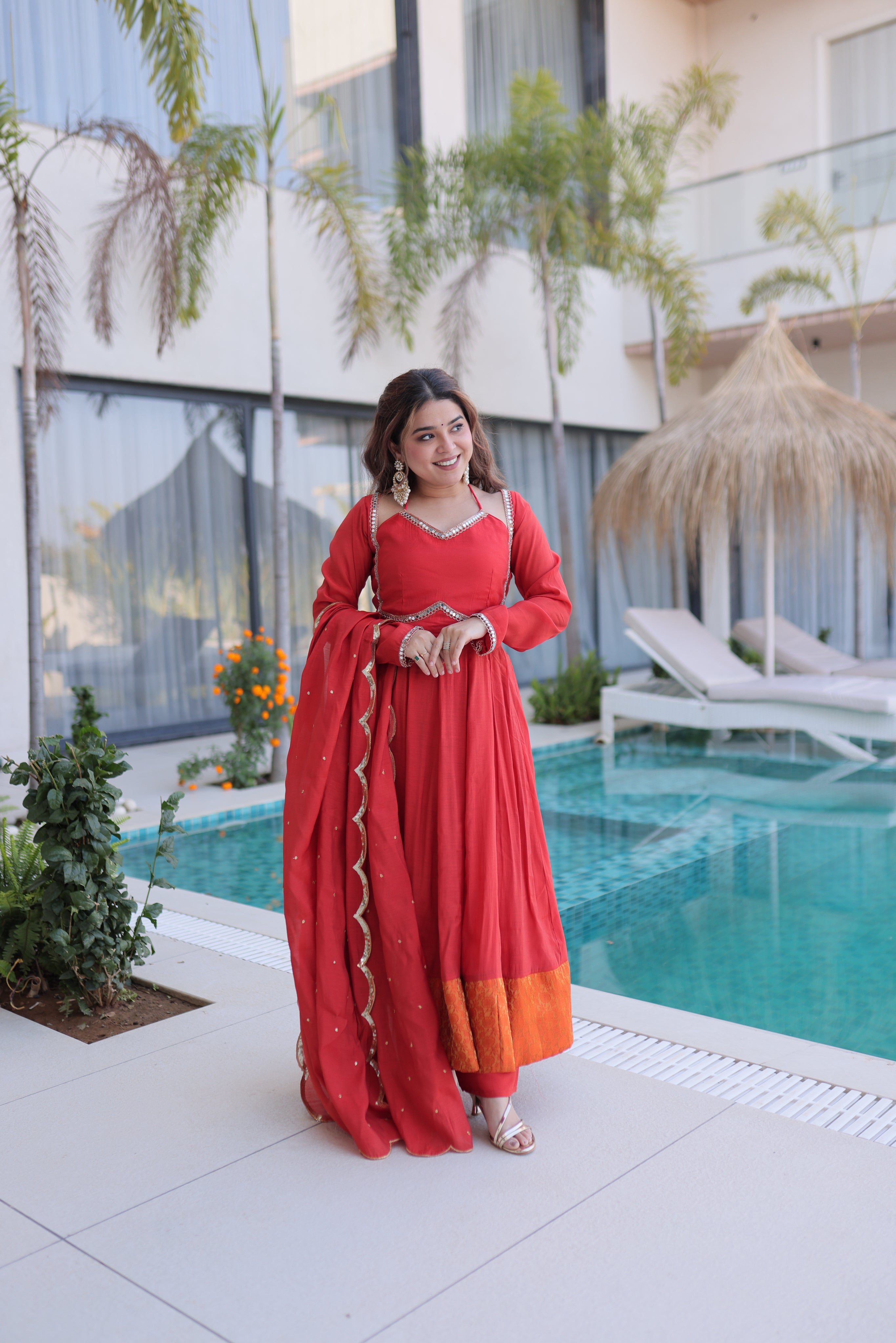 Medha rust red chanderi mirror work anarkali suit set