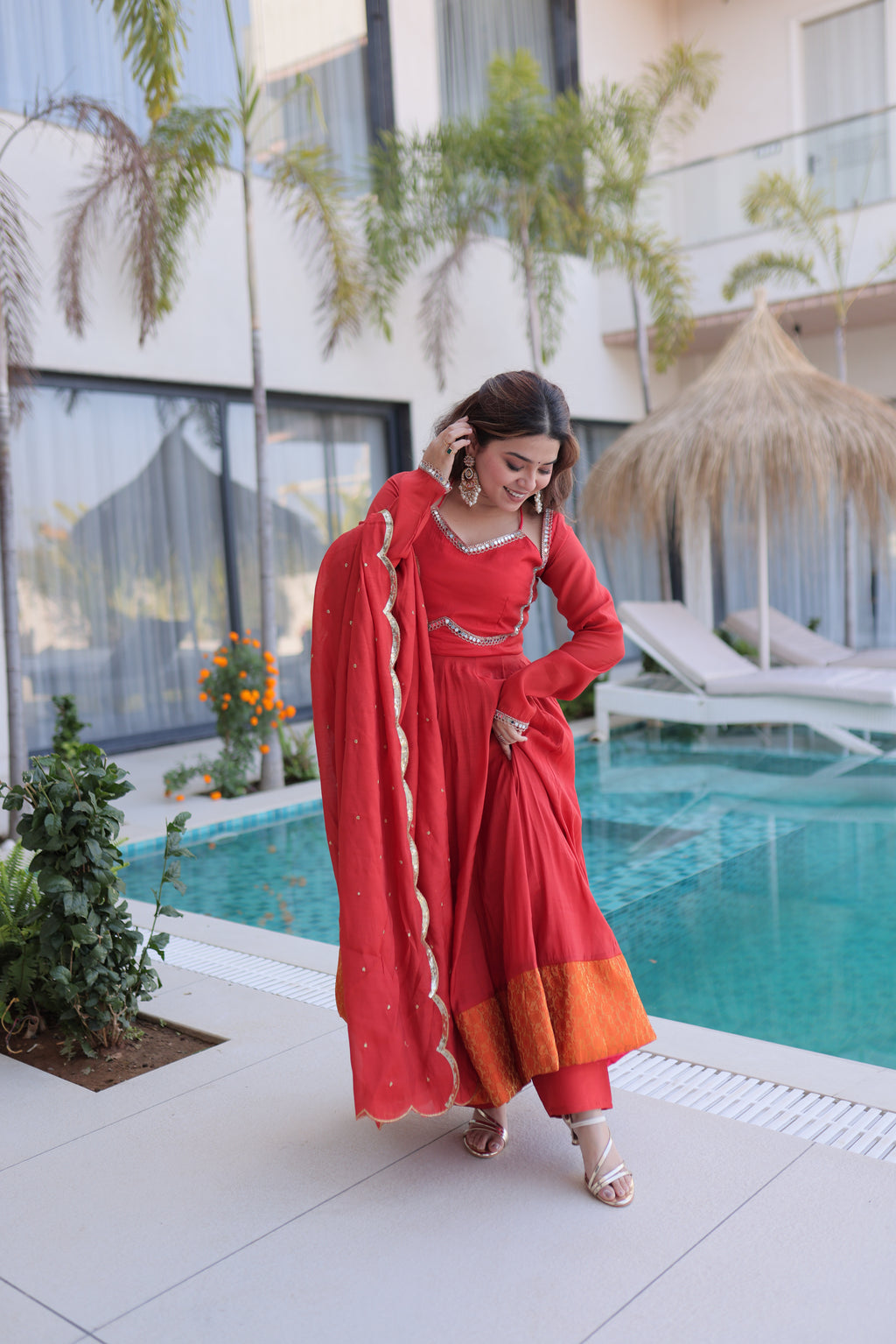 Medha rust red chanderi mirror work anarkali suit set