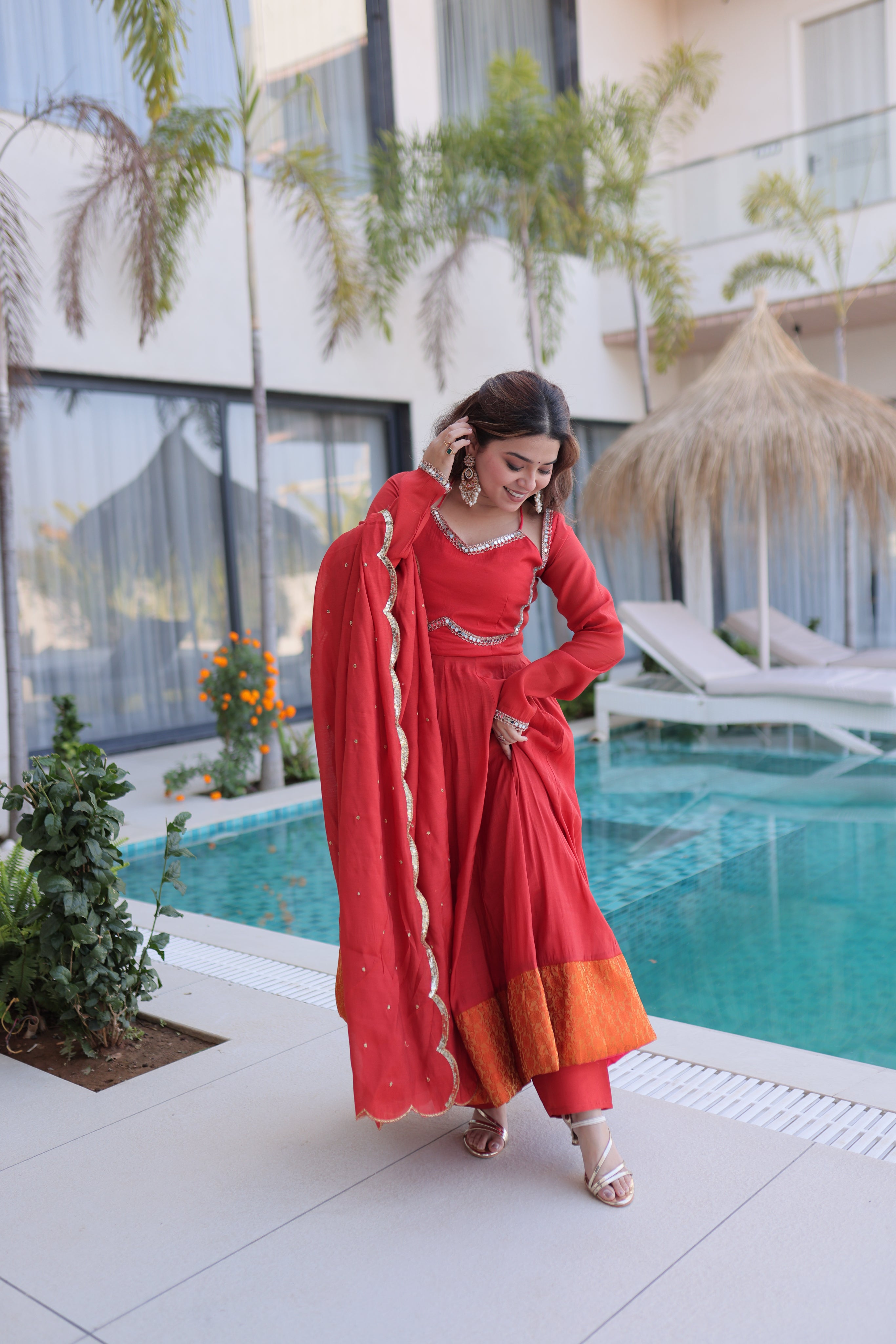 Medha rust red chanderi mirror work anarkali suit set