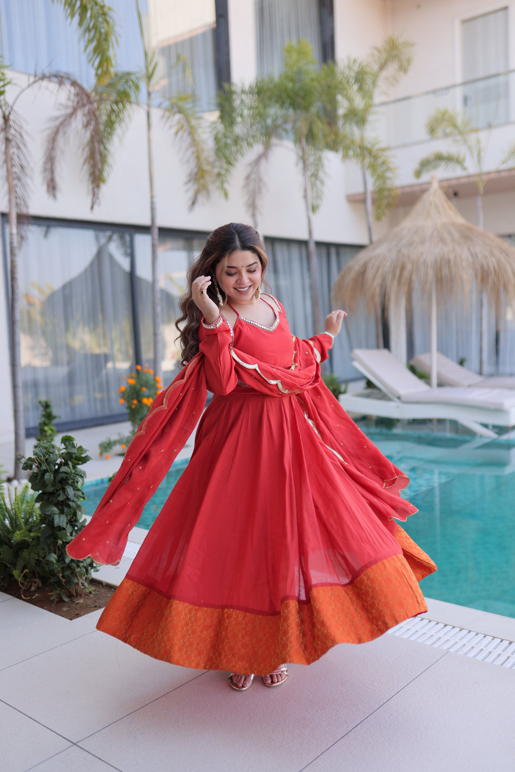 Medha rust red chanderi mirror work anarkali suit set