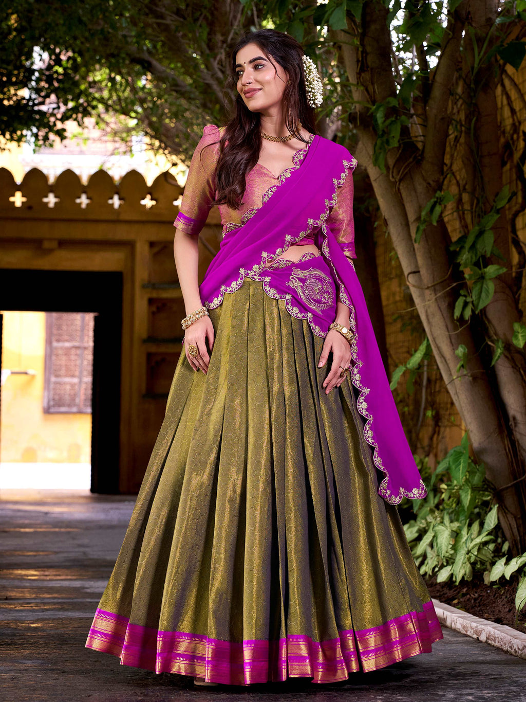 Mehendi Green Zari Weaving Sequins Embroidered Kanchipuram Silk Lehenga Choli