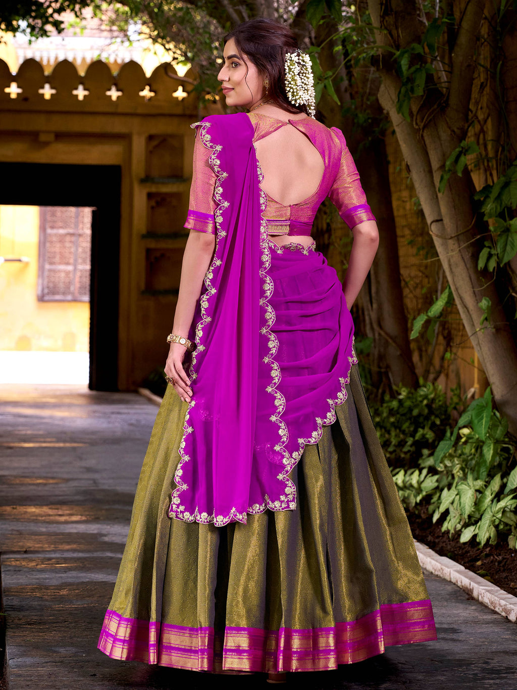 Mehendi Green Zari Weaving Sequins Embroidered Kanchipuram Silk Lehenga Choli