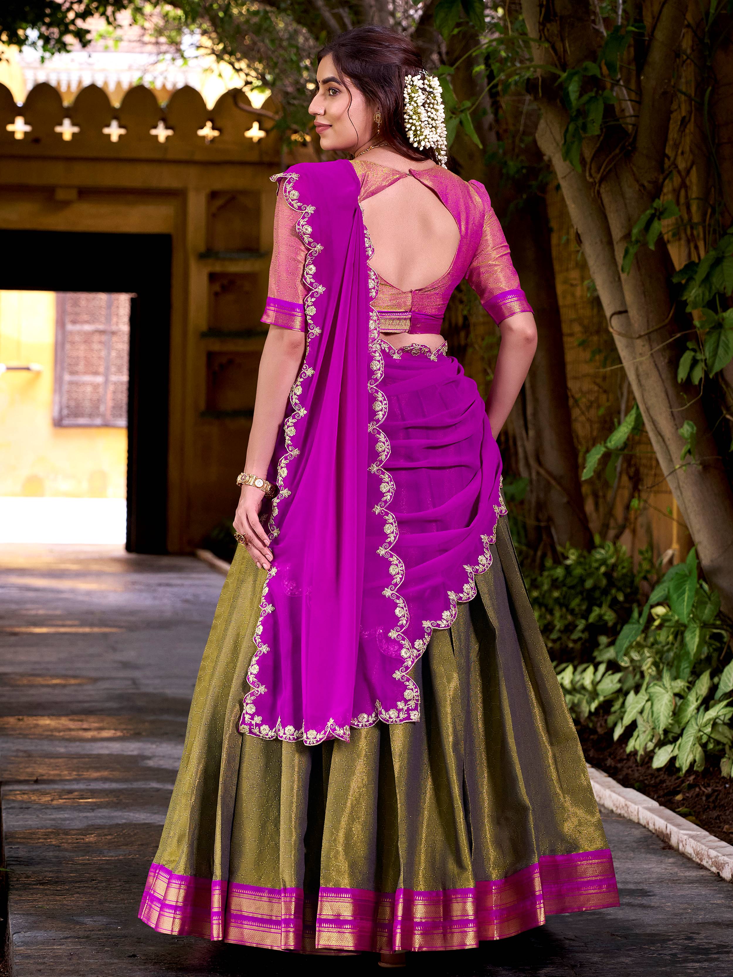 Mehendi Green Zari Weaving Sequins Embroidered Kanchipuram Silk Lehenga Choli