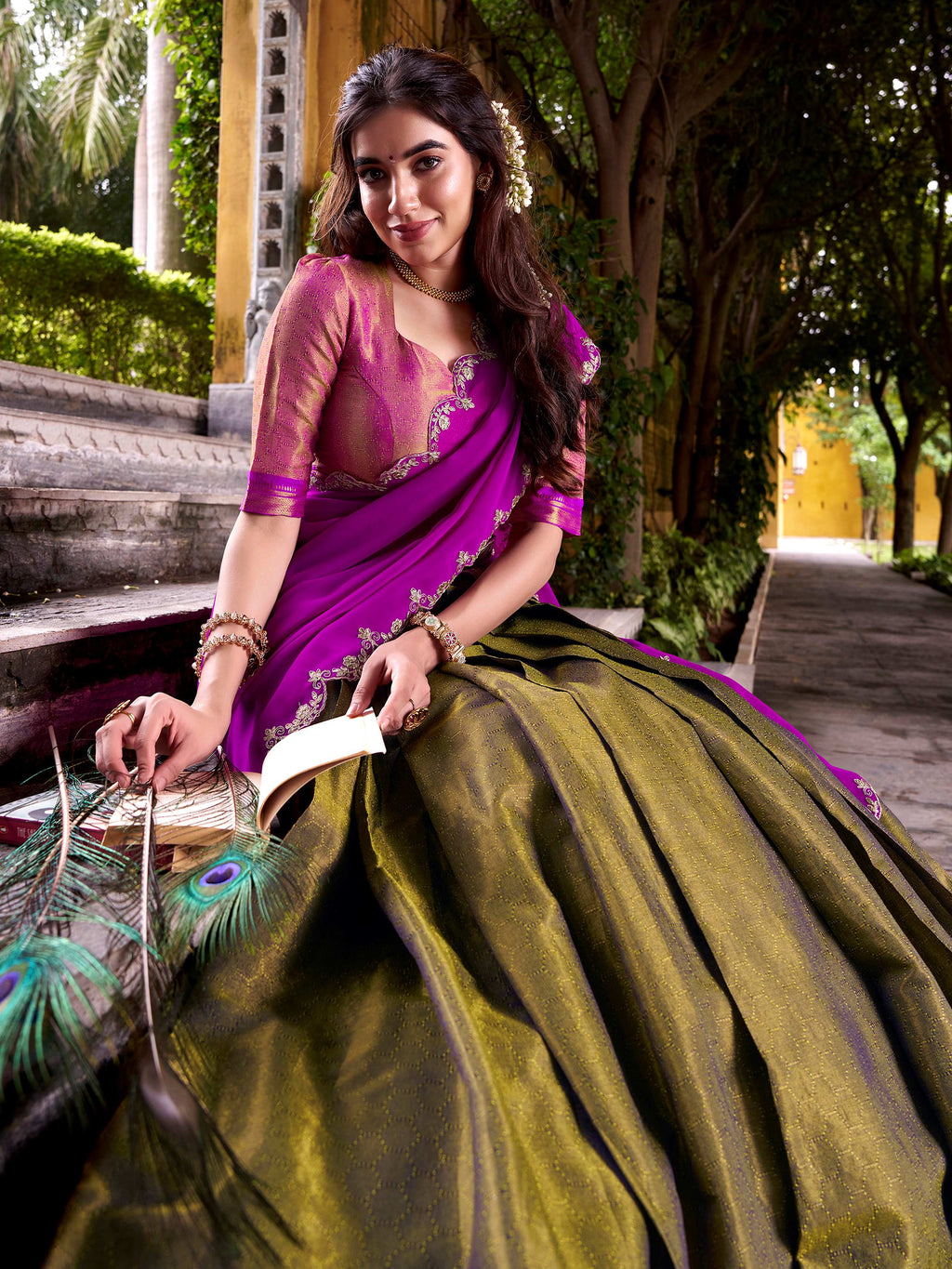 Mehendi Green Zari Weaving Sequins Embroidered Kanchipuram Silk Lehenga Choli