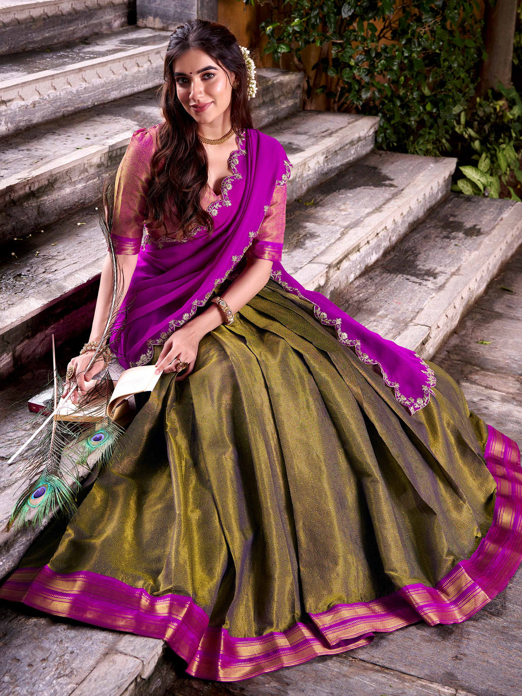 Mehendi Green Zari Weaving Sequins Embroidered Kanchipuram Silk Lehenga Choli